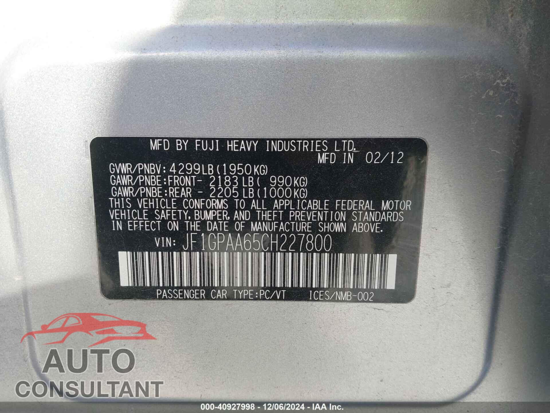SUBARU IMPREZA 2012 - JF1GPAA65CH227800