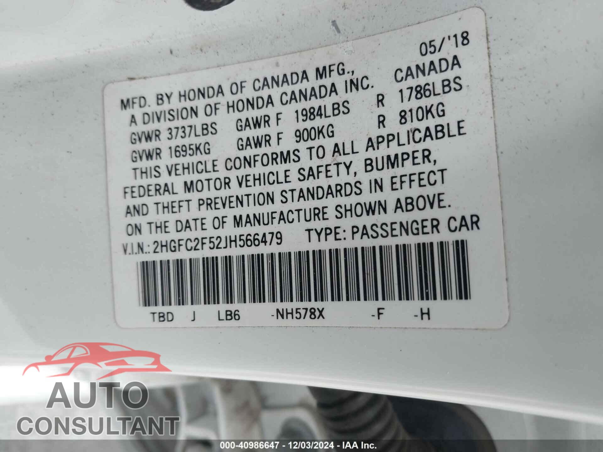 HONDA CIVIC 2018 - 2HGFC2F52JH566479