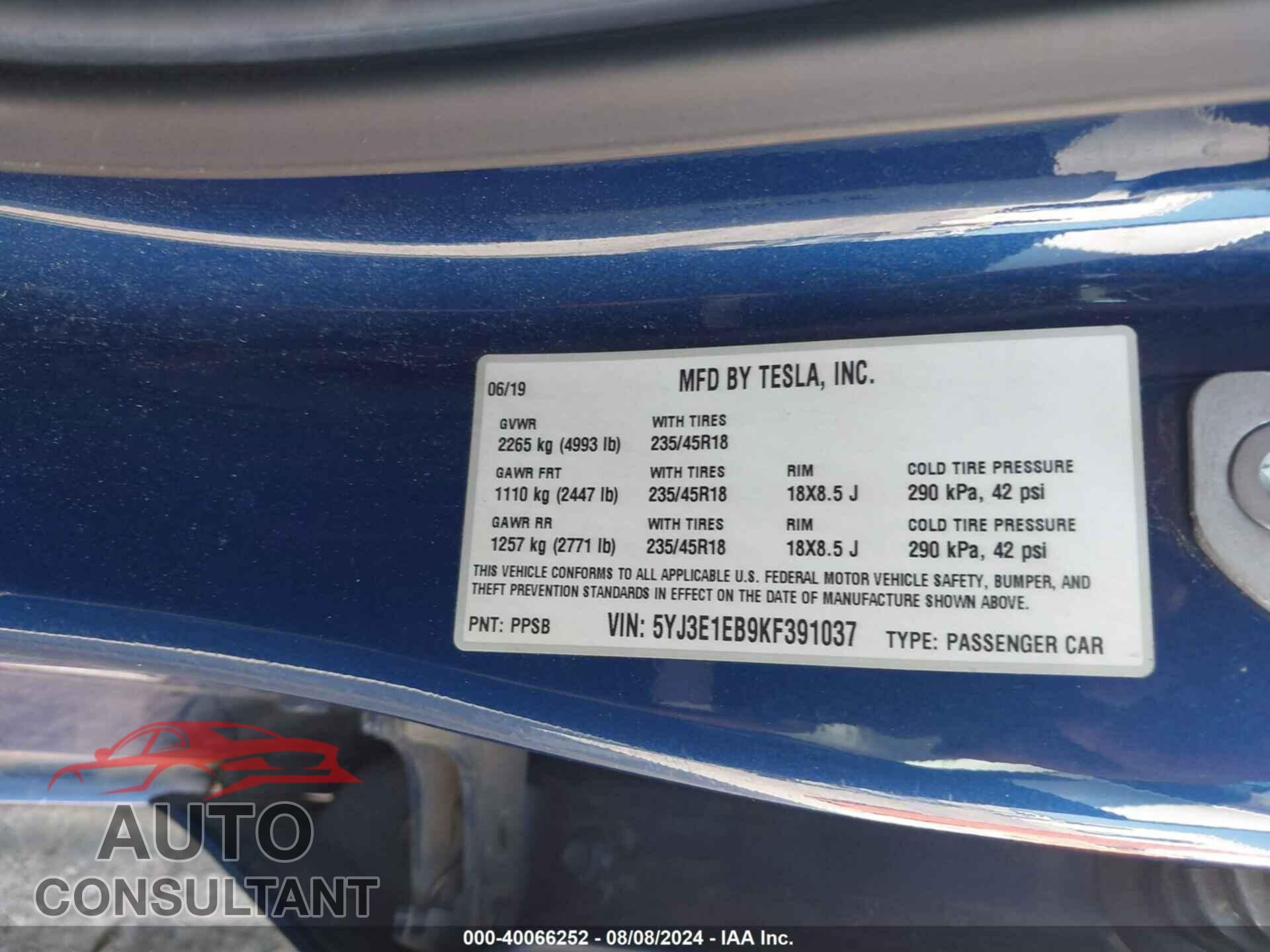 TESLA MODEL 3 2019 - 5YJ3E1EB9KF391037