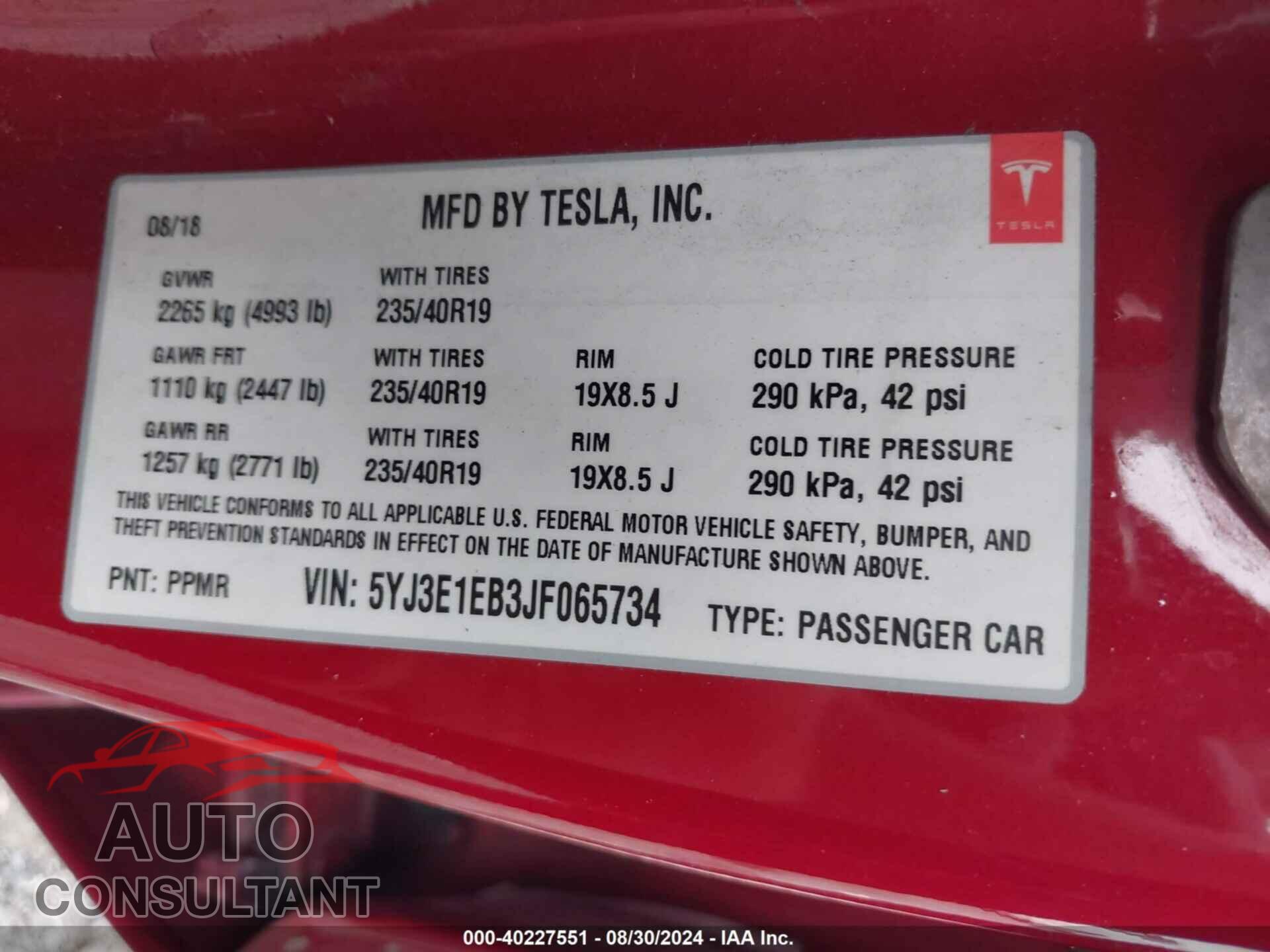 TESLA MODEL 3 2018 - 5YJ3E1EB3JF065734
