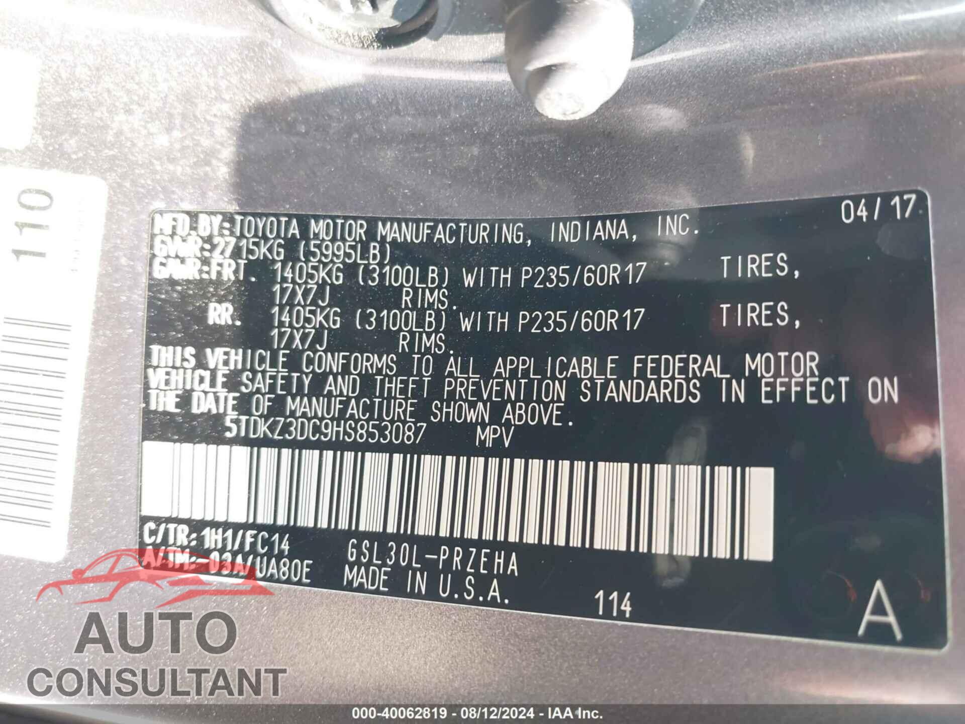 TOYOTA SIENNA 2017 - 5TDKZ3DC9HS853087