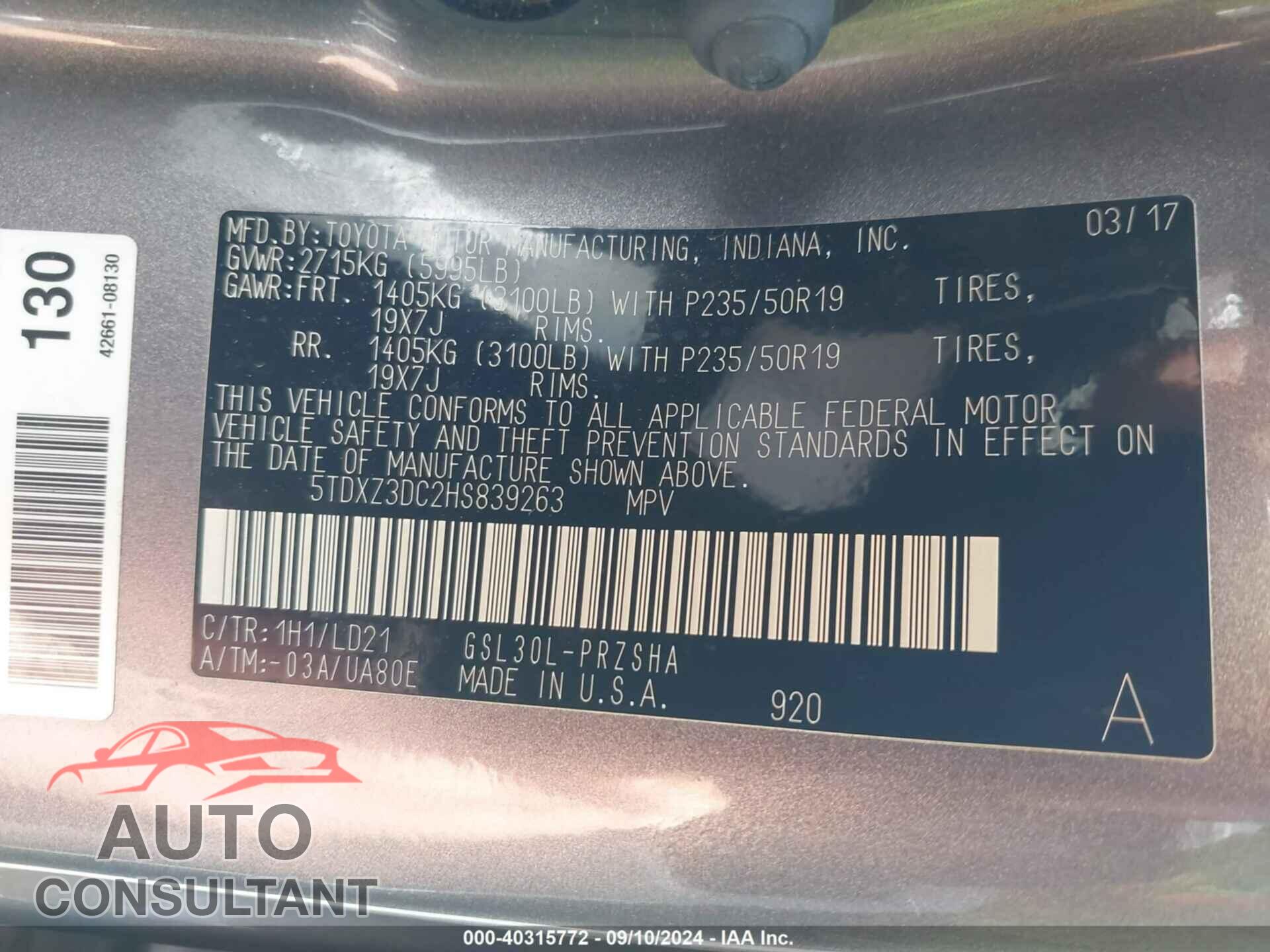 TOYOTA SIENNA 2017 - 5TDXZ3DC2HS839263