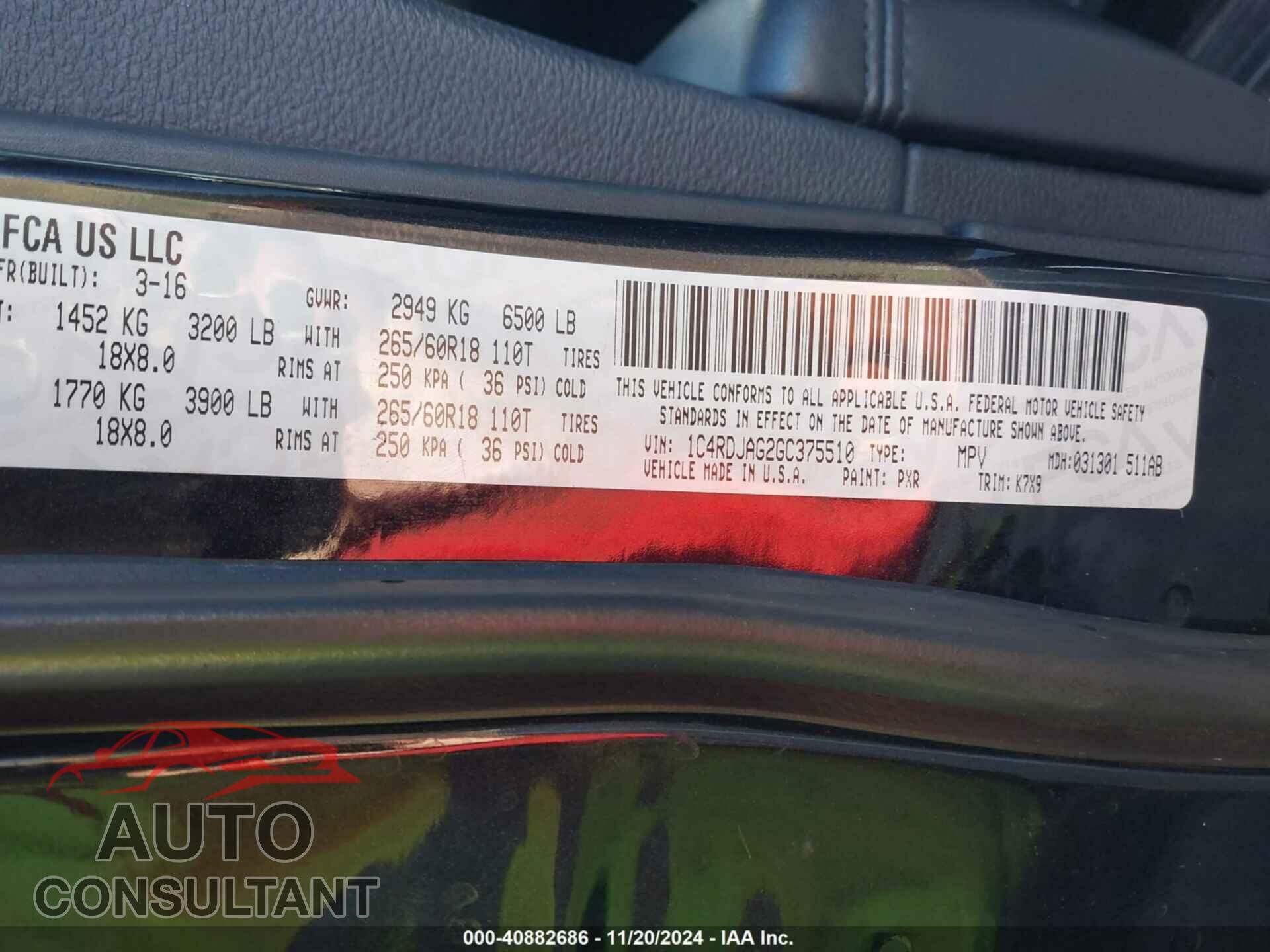 DODGE DURANGO 2016 - 1C4RDJAG2GC375510