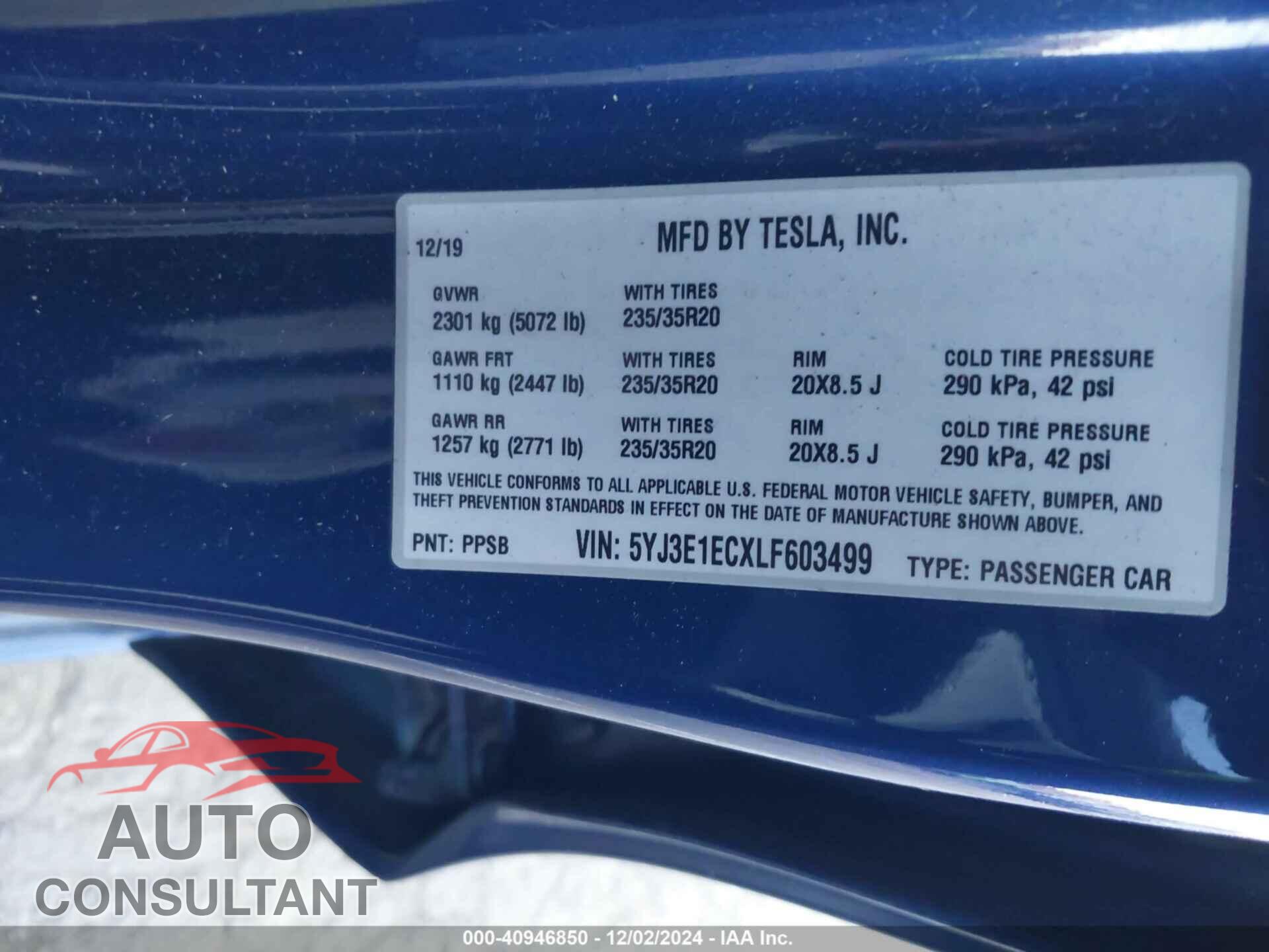 TESLA MODEL 3 2020 - 5YJ3E1ECXLF603499