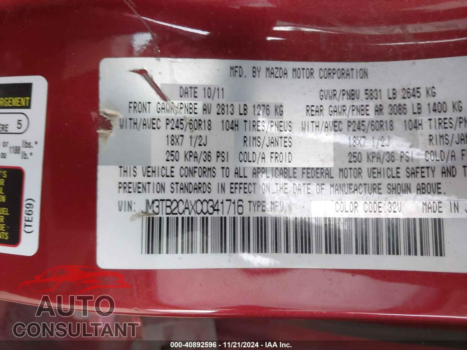 MAZDA CX-9 2012 - JM3TB2CAXC0341716