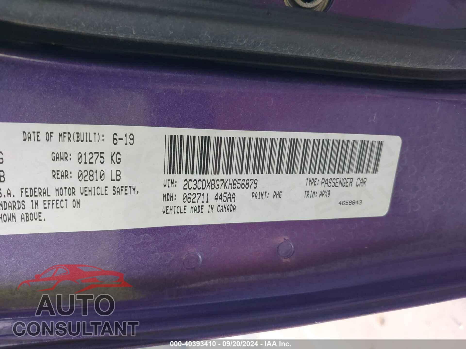 DODGE CHARGER 2019 - 2C3CDXBG7KH656879