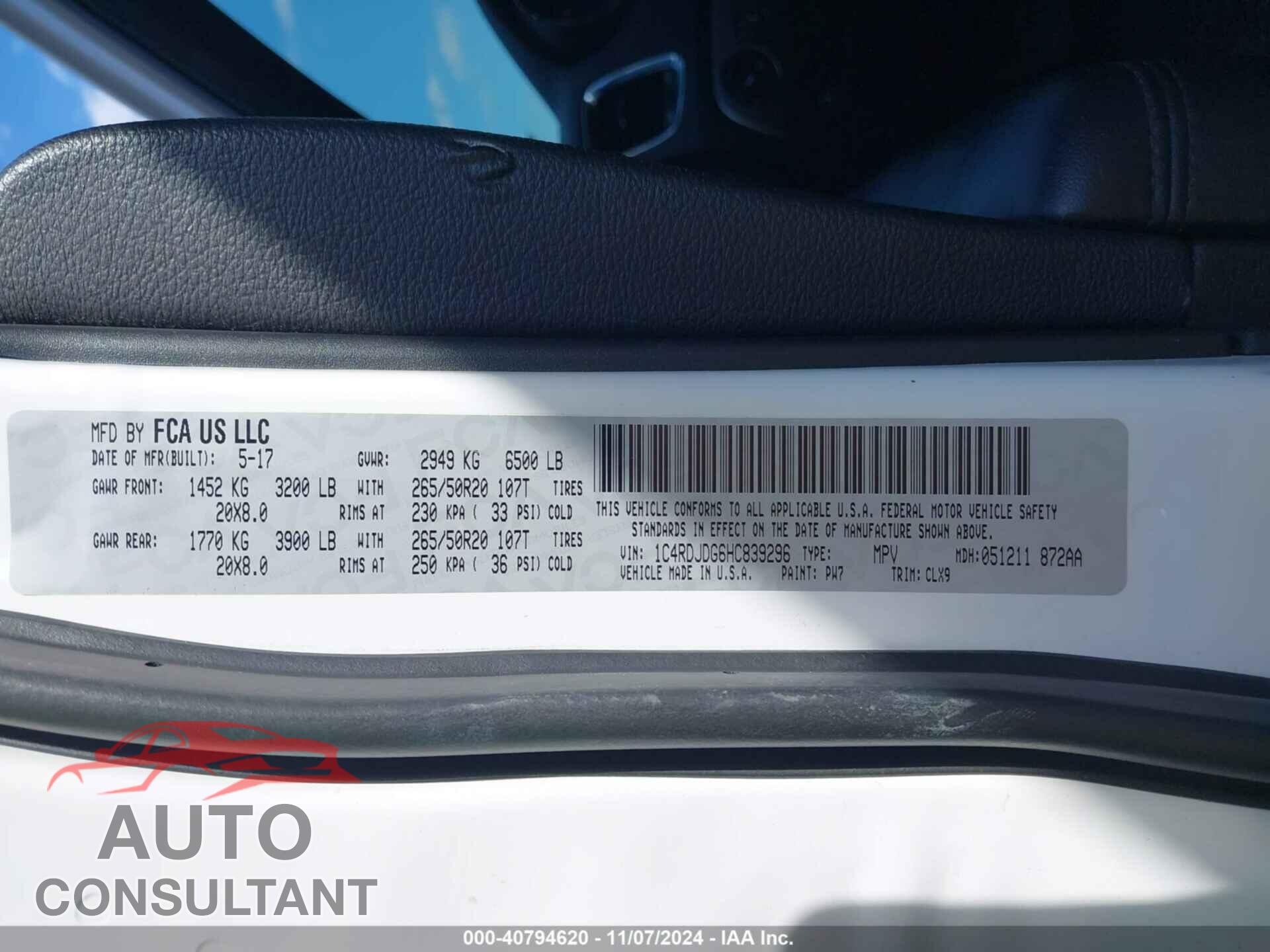 DODGE DURANGO 2017 - 1C4RDJDG6HC839296