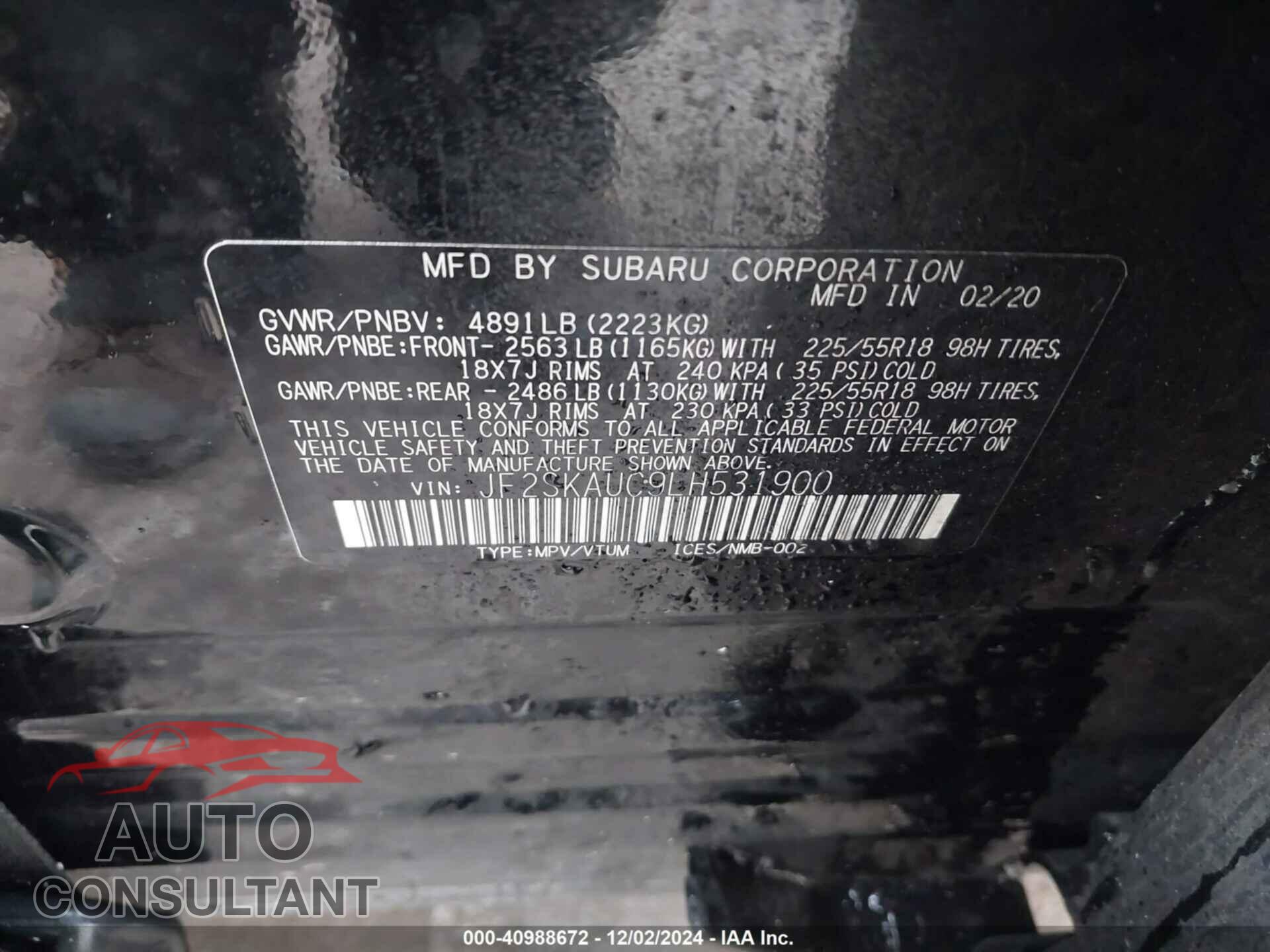 SUBARU FORESTER 2020 - JF2SKAUC9LH531900