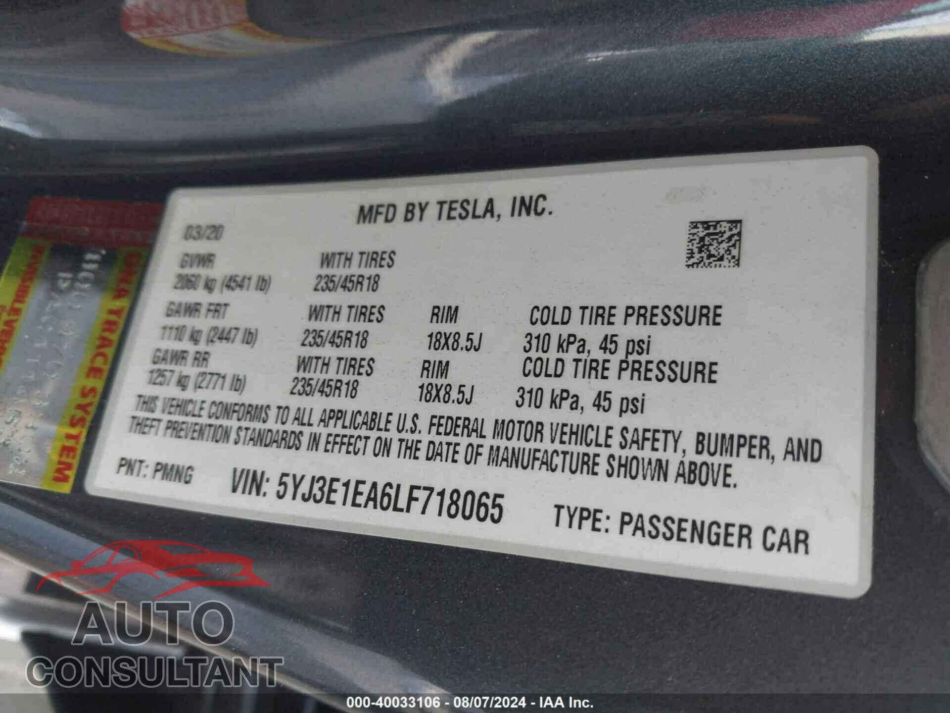 TESLA MODEL 3 2020 - 5YJ3E1EA6LF718065