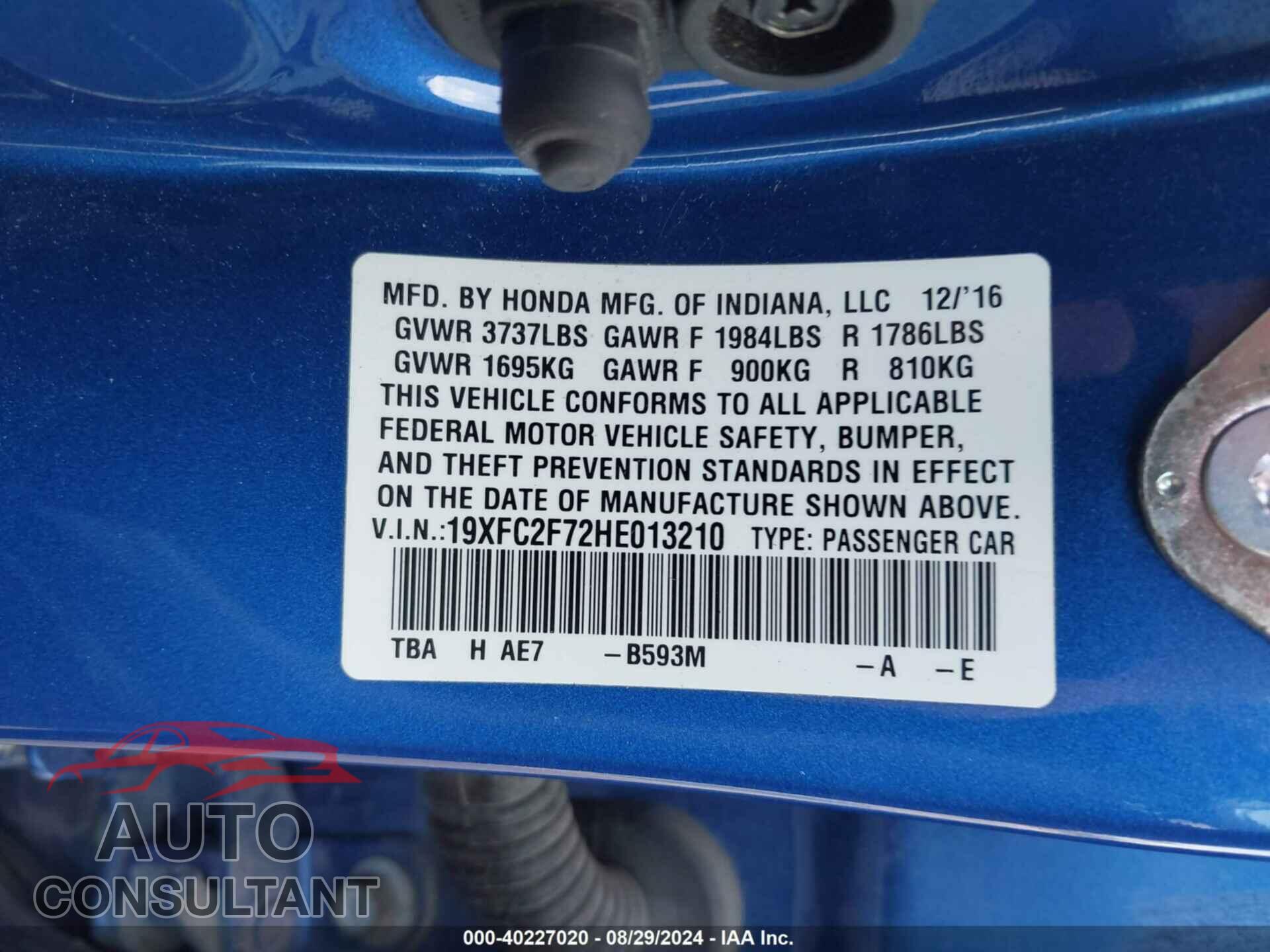 HONDA CIVIC 2017 - 19XFC2F72HE013210