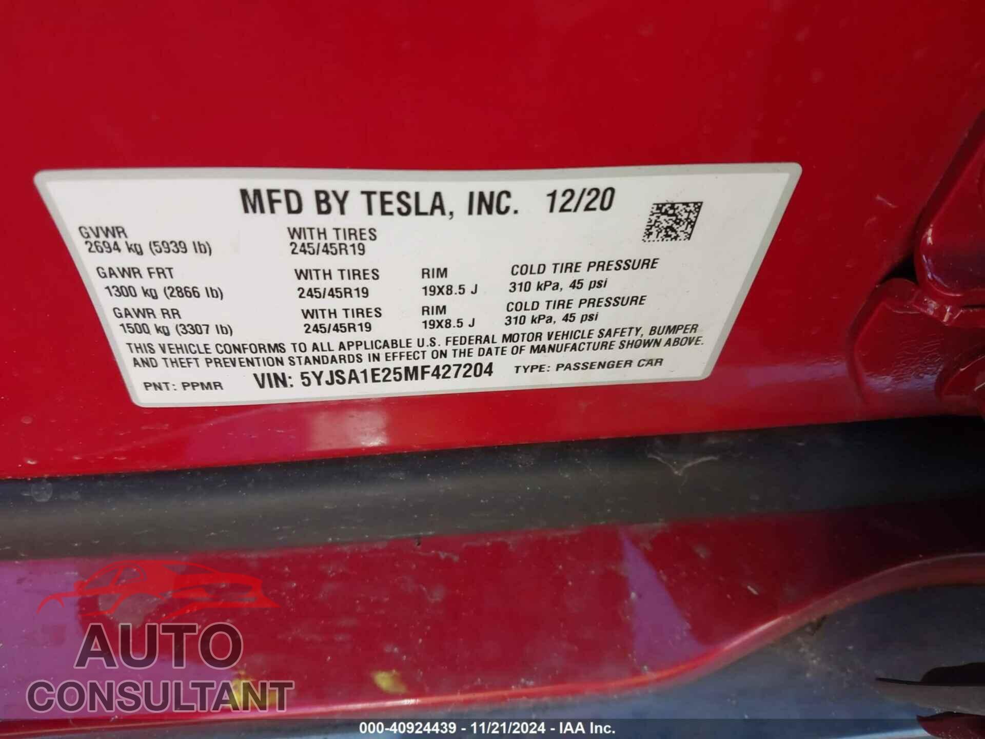TESLA MODEL S 2021 - 5YJSA1E25MF427204