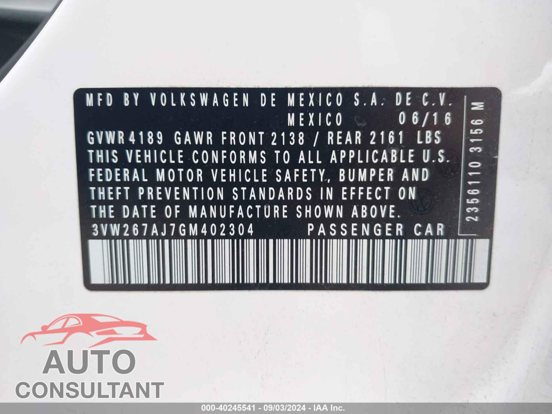 VOLKSWAGEN JETTA 2016 - 3VW267AJ7GM402304