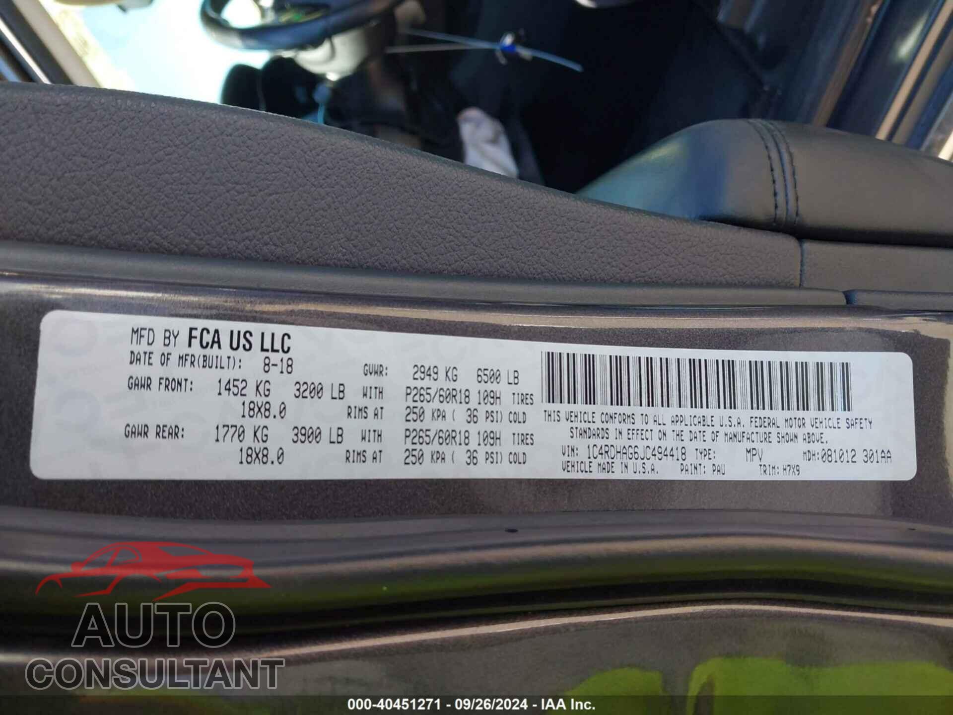 DODGE DURANGO 2018 - 1C4RDHAG6JC494418