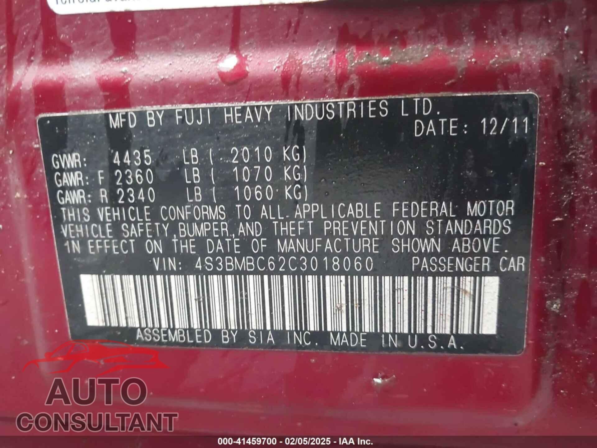 SUBARU LEGACY 2012 - 4S3BMBC62C3018060