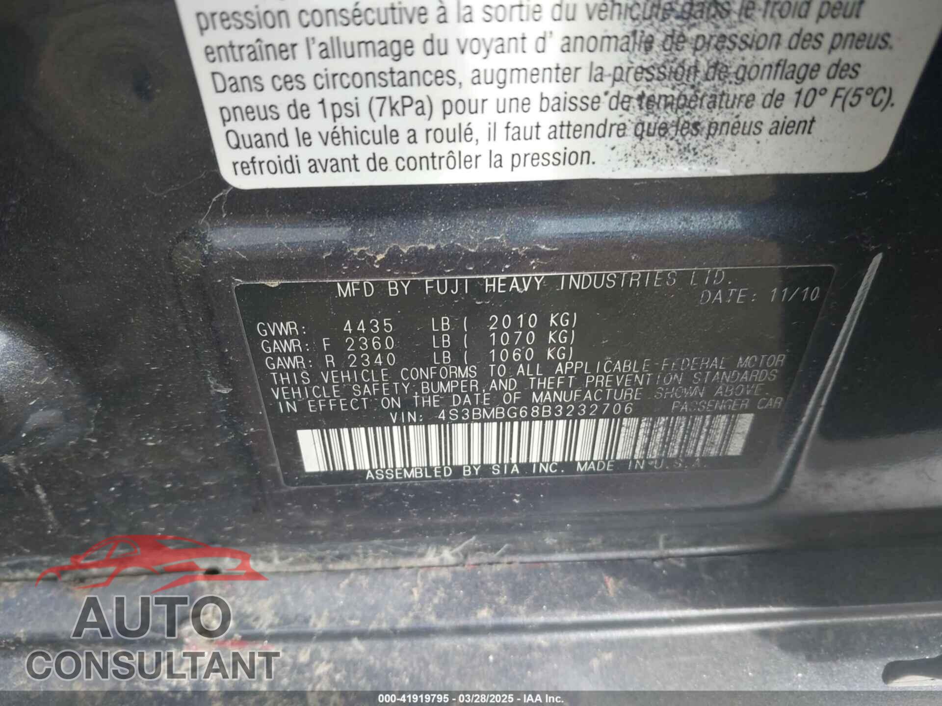 SUBARU LEGACY 2011 - 4S3BMBG68B3232706