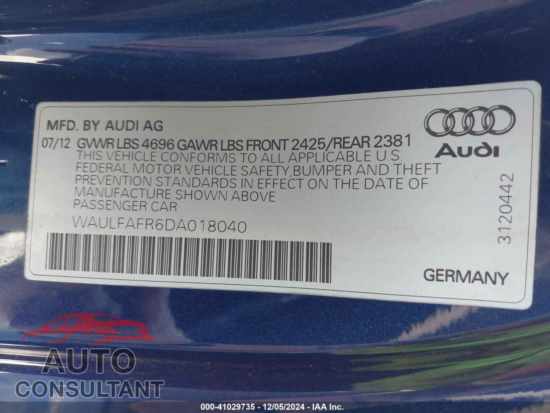 AUDI A5 2013 - WAULFAFR6DA018040