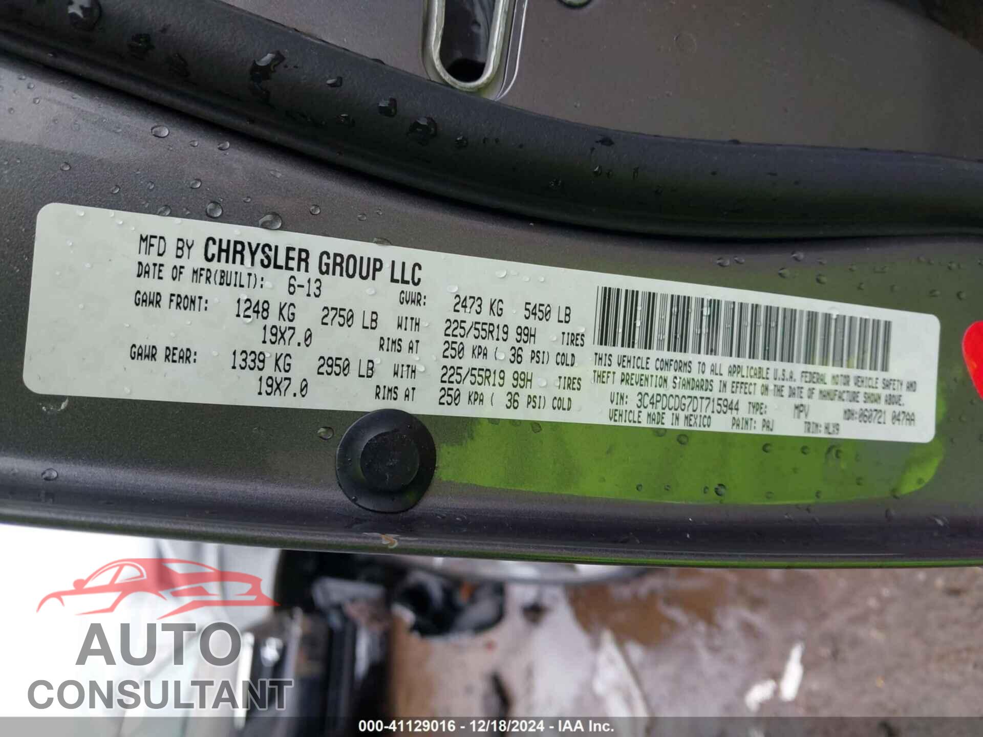 DODGE JOURNEY 2013 - 3C4PDCDG7DT715944