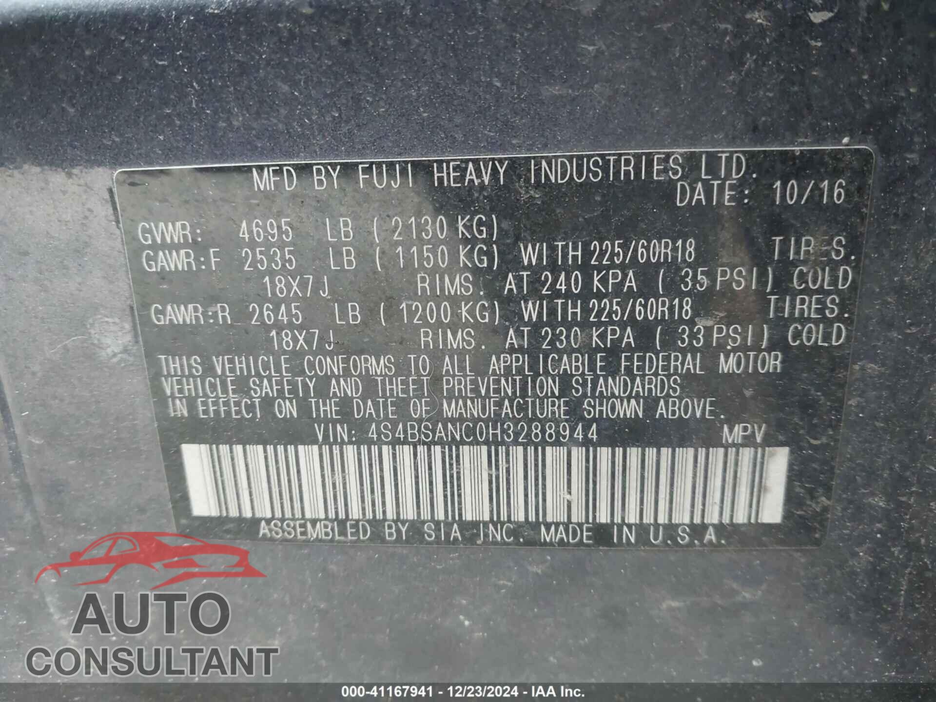 SUBARU OUTBACK 2017 - 4S4BSANC0H3288944