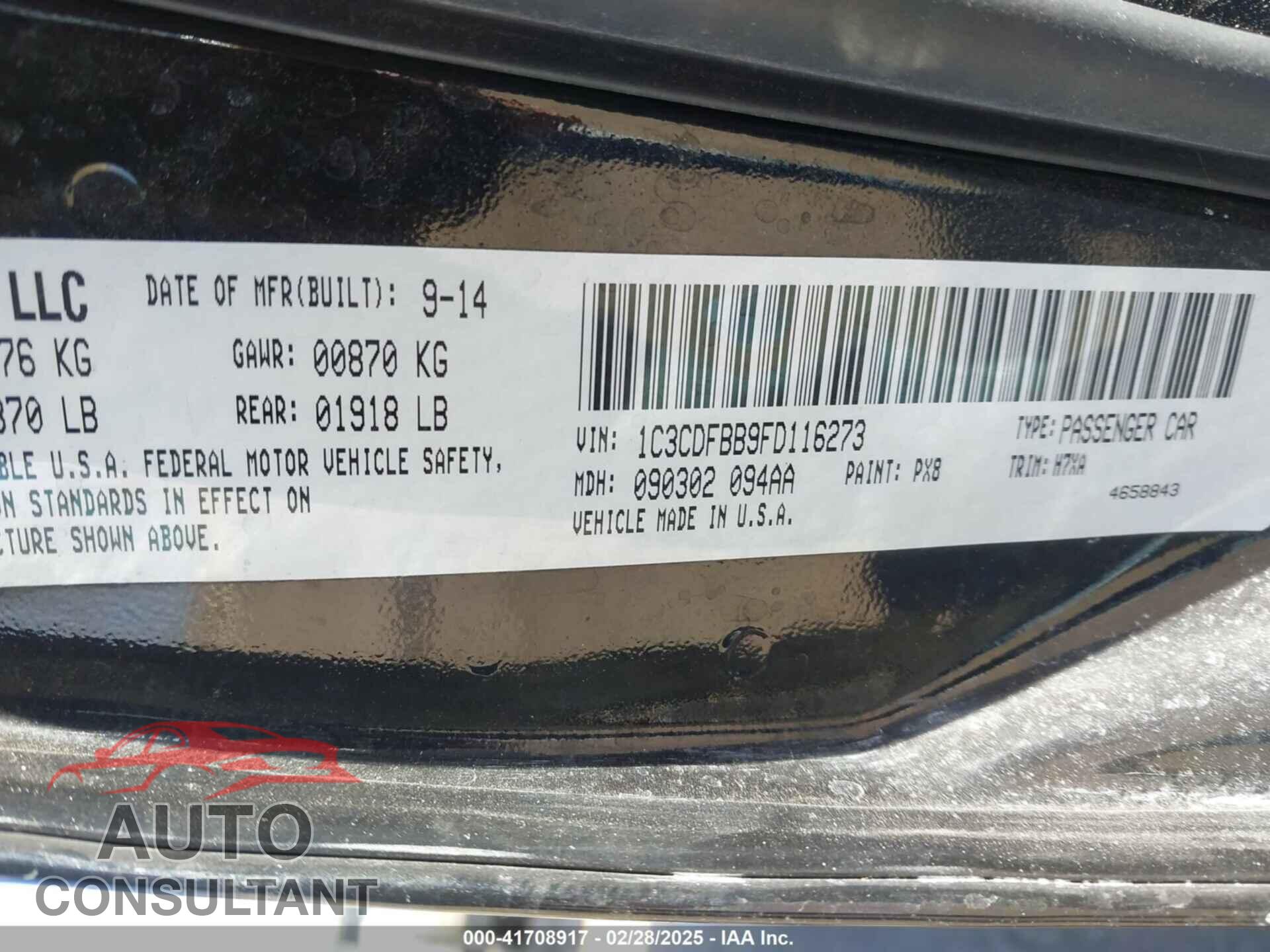 DODGE DART 2015 - 1C3CDFBB9FD116273