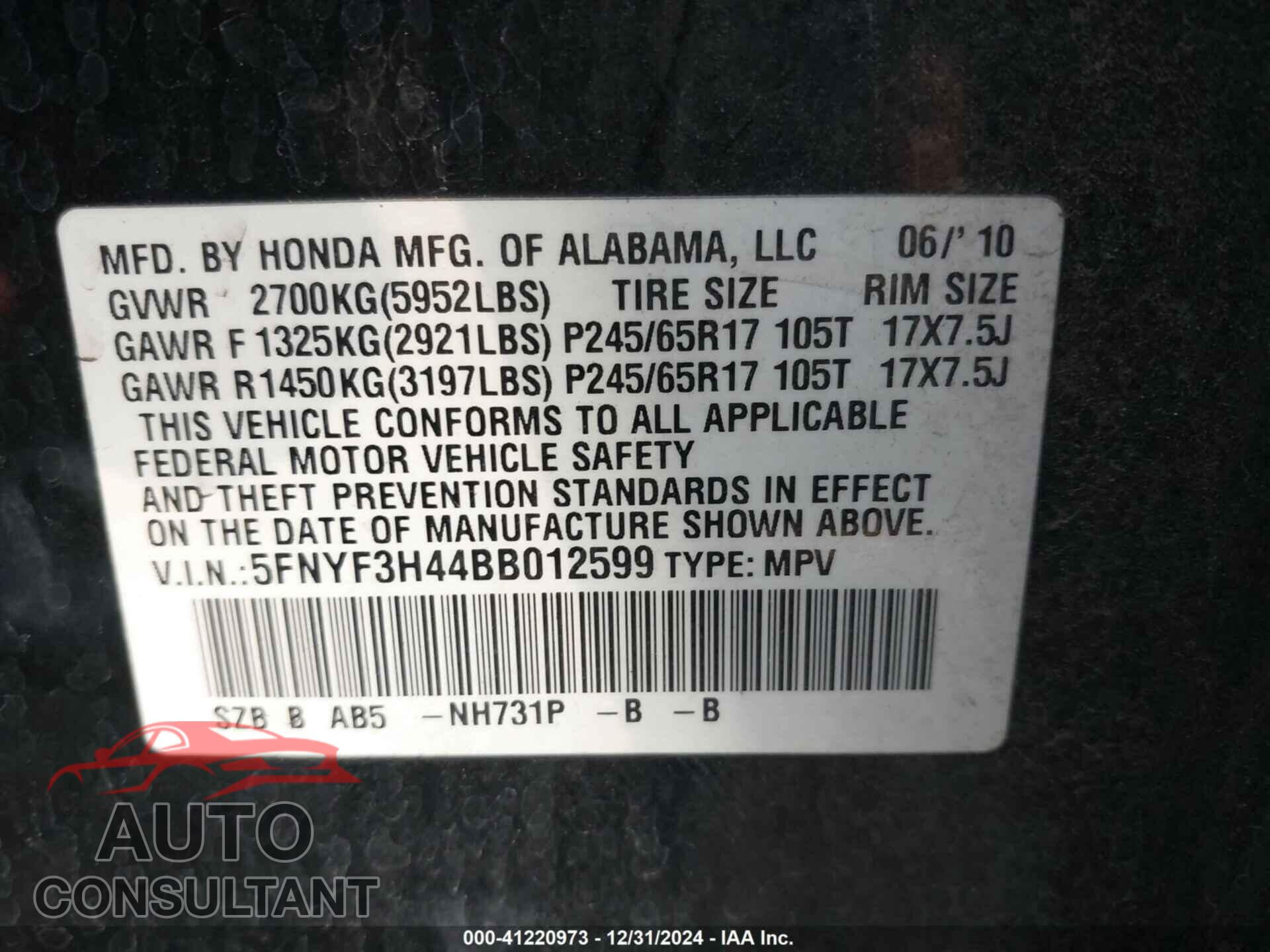 HONDA PILOT 2011 - 5FNYF3H44BB012599