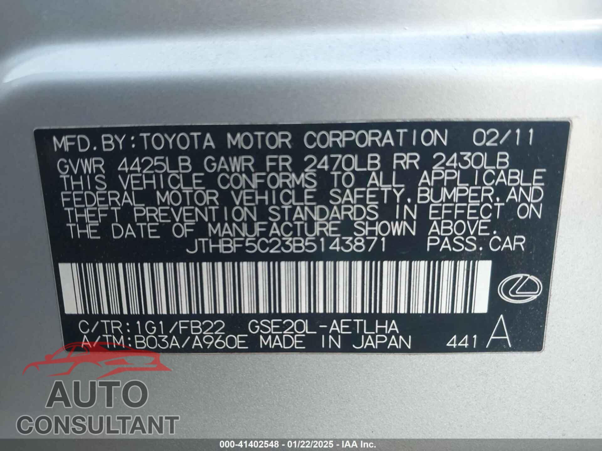 LEXUS IS 250 2011 - JTHBF5C23B5143871