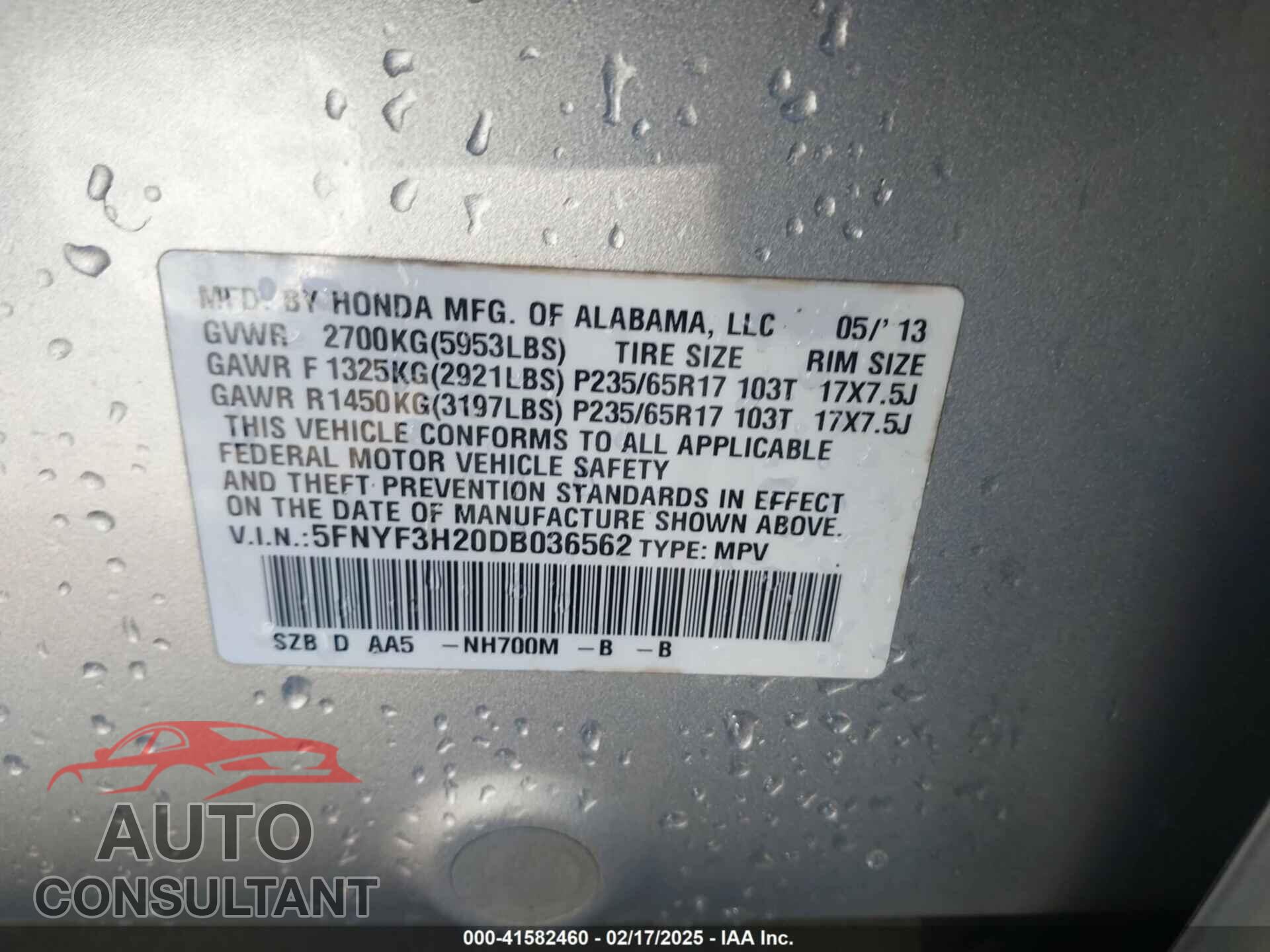 HONDA PILOT 2013 - 5FNYF3H20DB036562