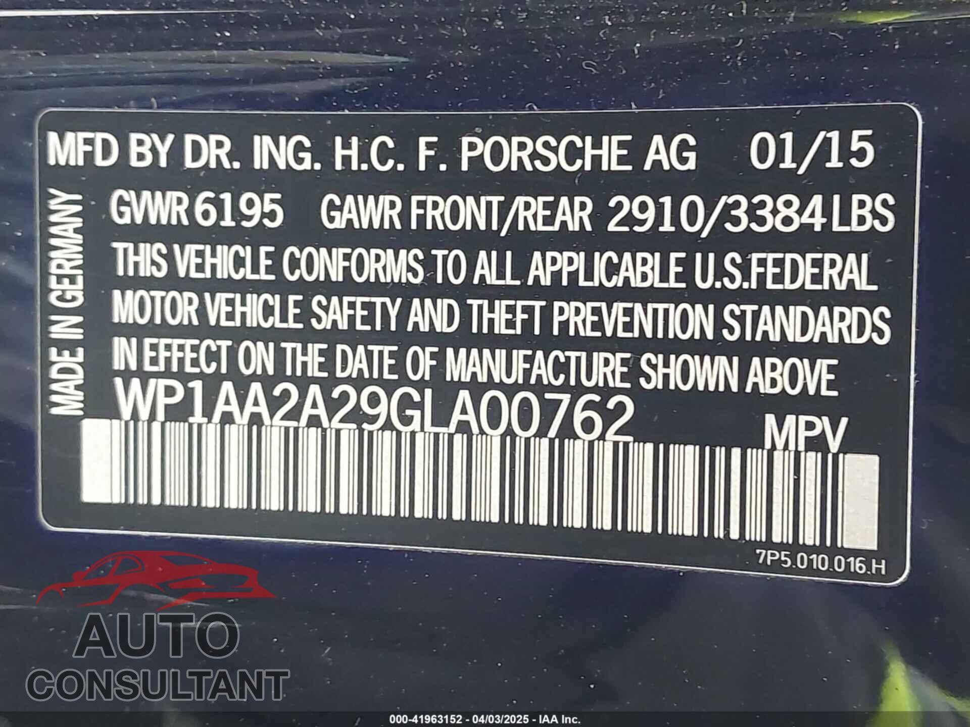 PORSCHE CAYENNE 2016 - WP1AA2A29GLA00762