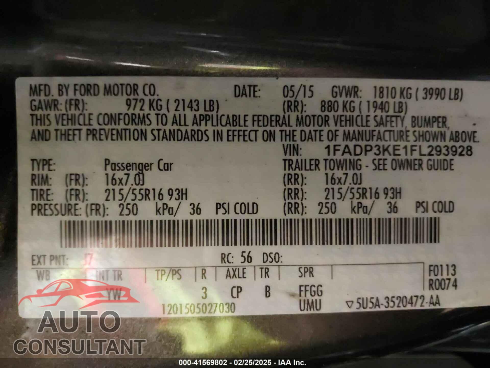 FORD FOCUS 2015 - 1FADP3KE1FL293928