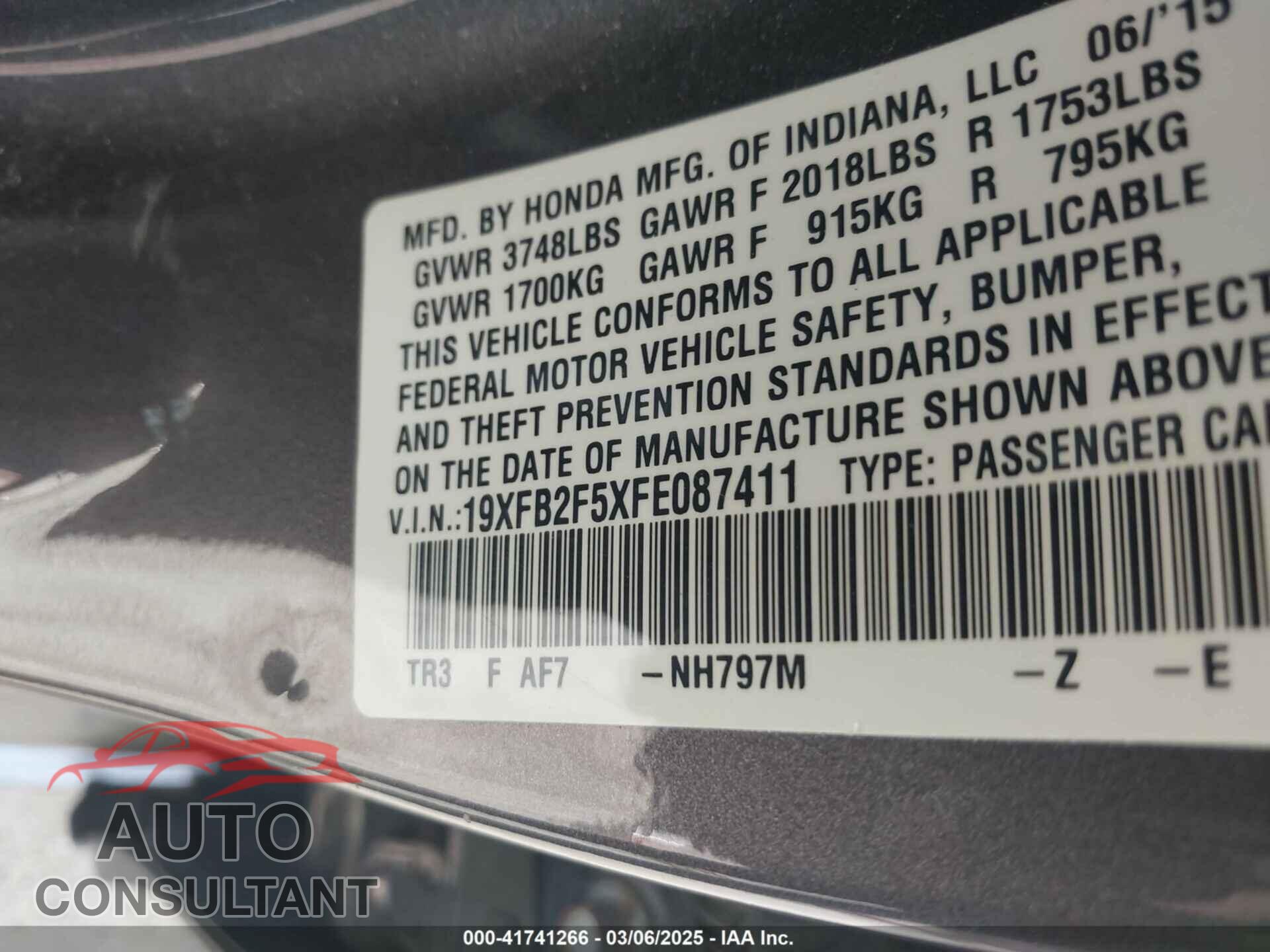 HONDA CIVIC 2015 - 19XFB2F5XFE087411