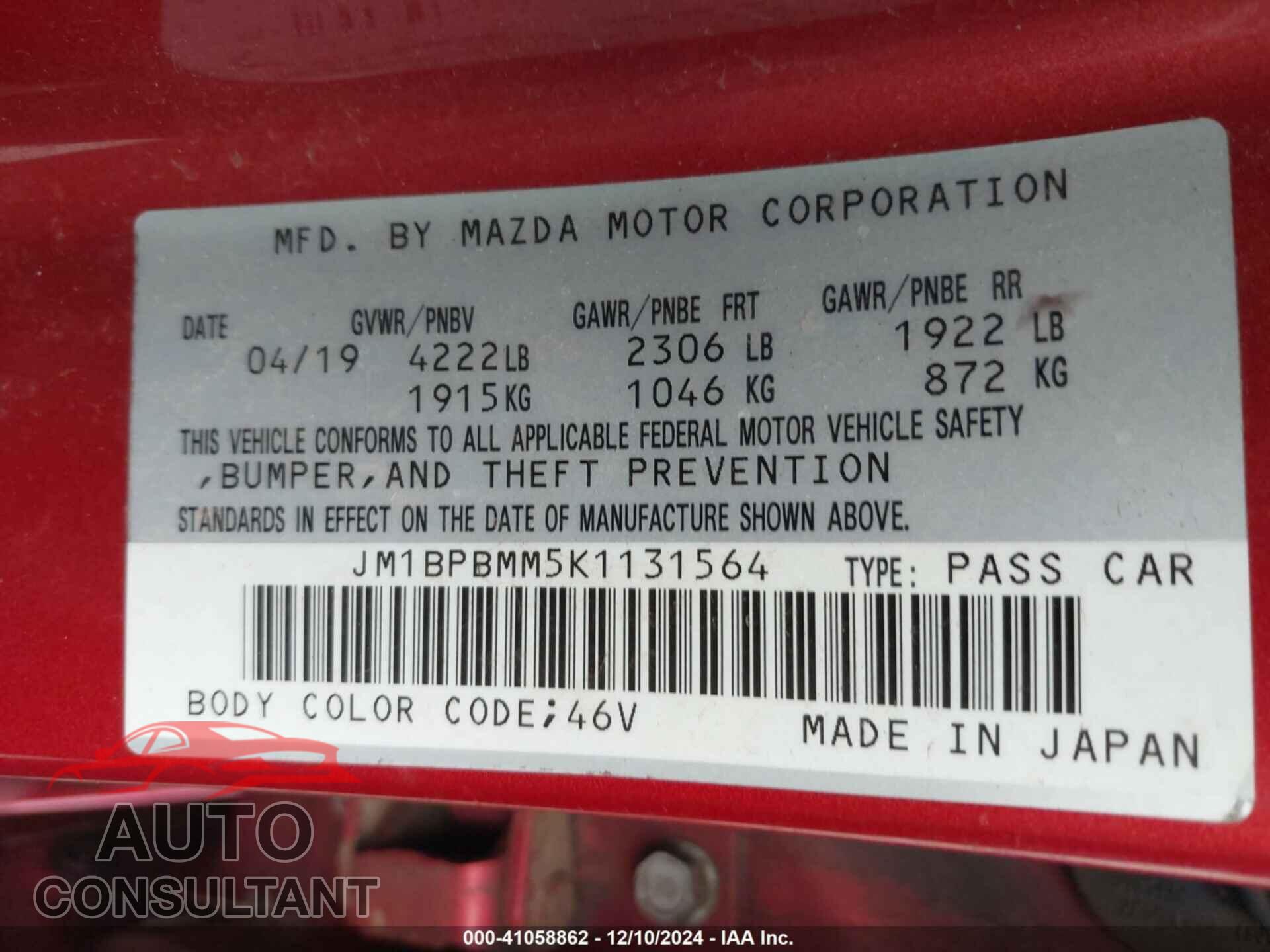 MAZDA MAZDA3 2019 - JM1BPBMM5K1131564