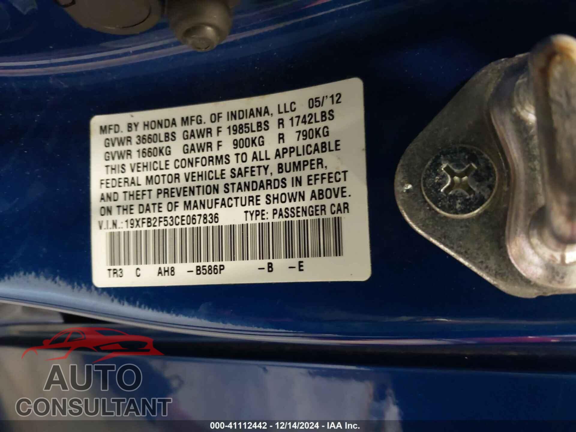 HONDA CIVIC SDN 2012 - 19XFB2F53CE067836