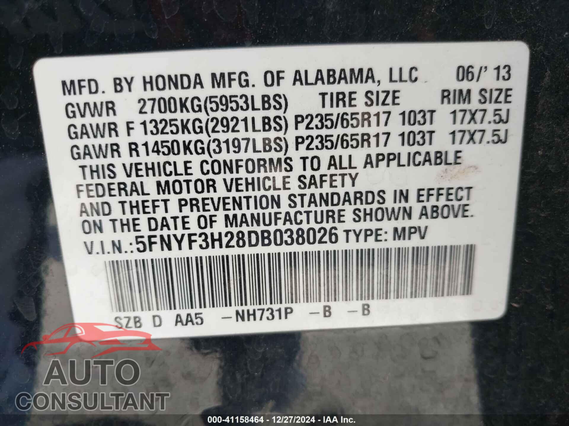 HONDA PILOT 2013 - 5FNYF3H28DB038026