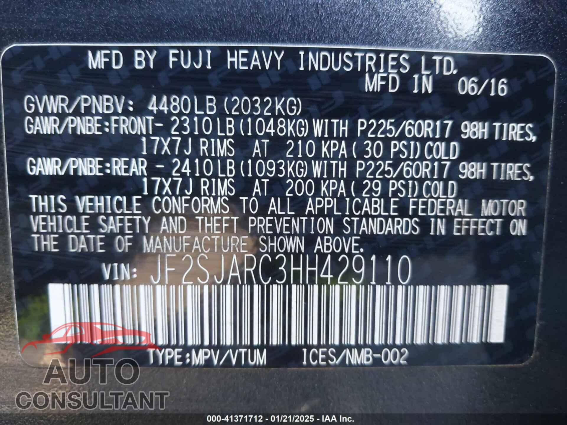 SUBARU FORESTER 2017 - JF2SJARC3HH429110