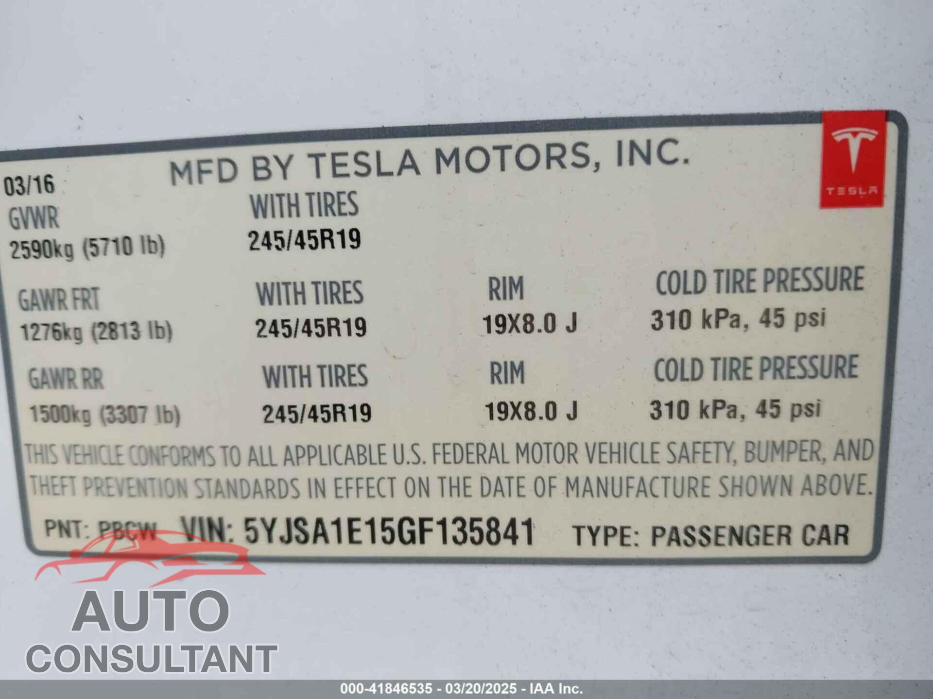 TESLA MODEL S 2016 - 5YJSA1E15GF135841