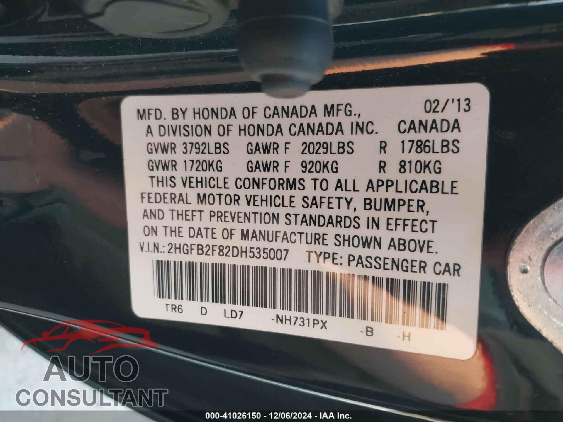 HONDA CIVIC 2013 - 2HGFB2F82DH535007