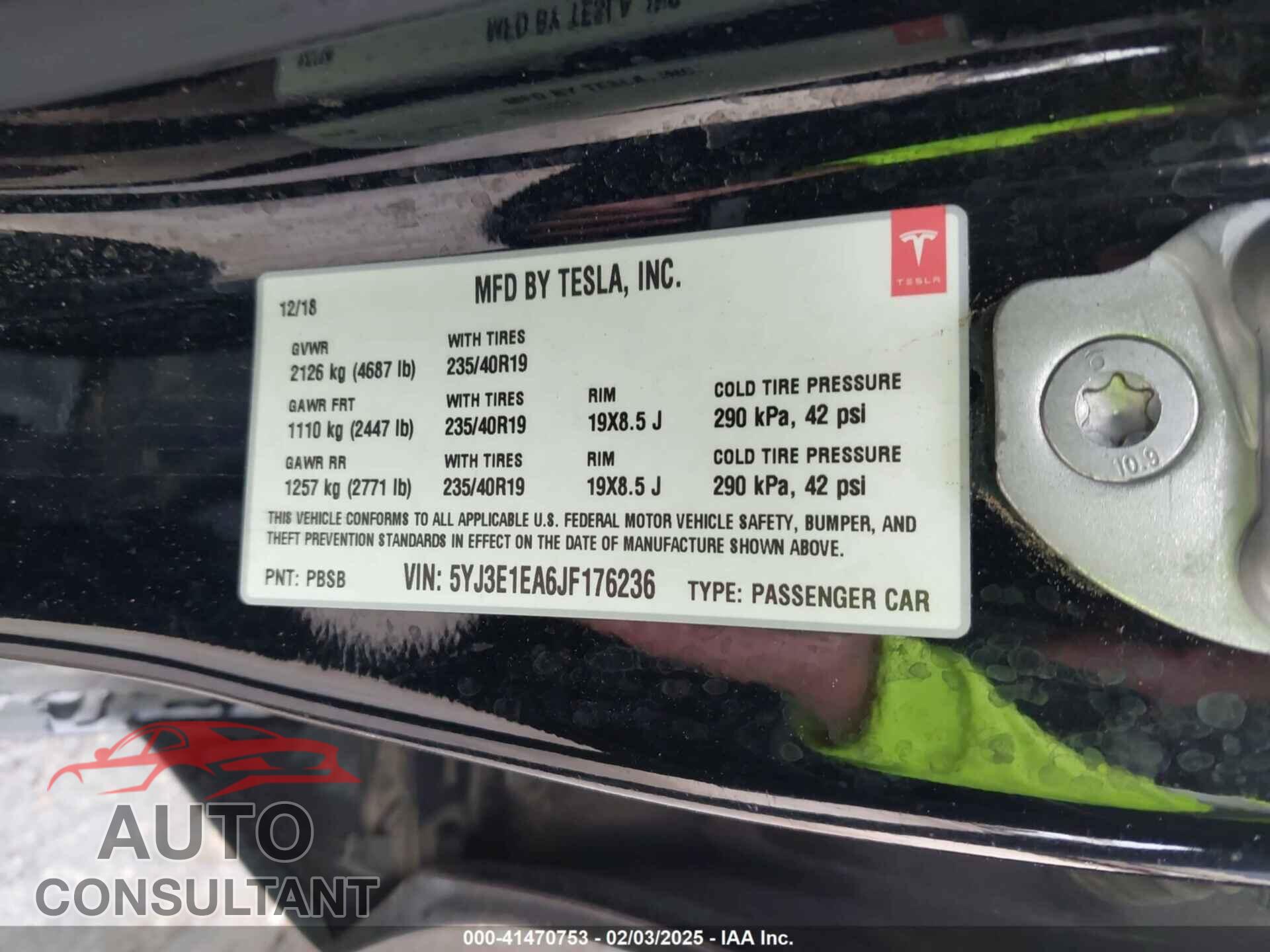 TESLA MODEL 3 2018 - 5YJ3E1EA6JF176236