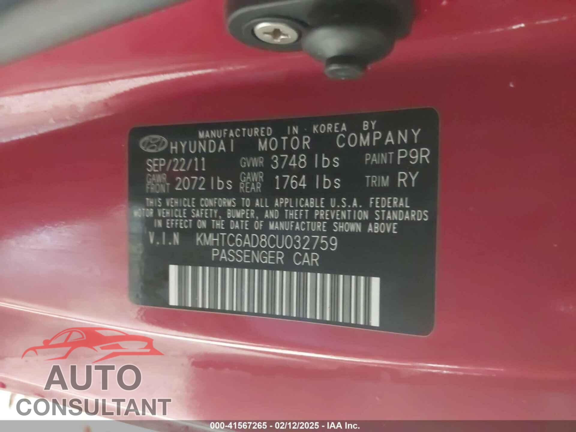 HYUNDAI VELOSTER 2012 - KMHTC6AD8CU032759