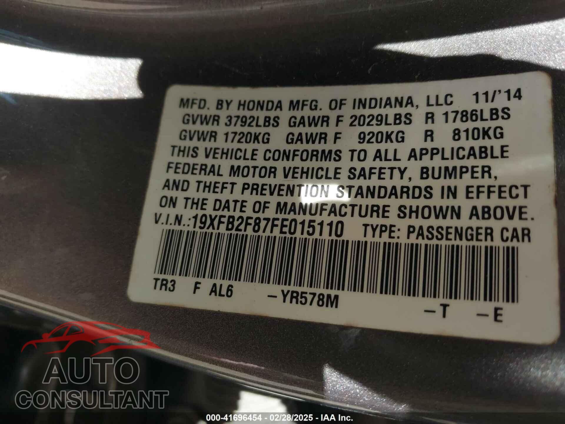HONDA CIVIC 2015 - 19XFB2F87FE015110