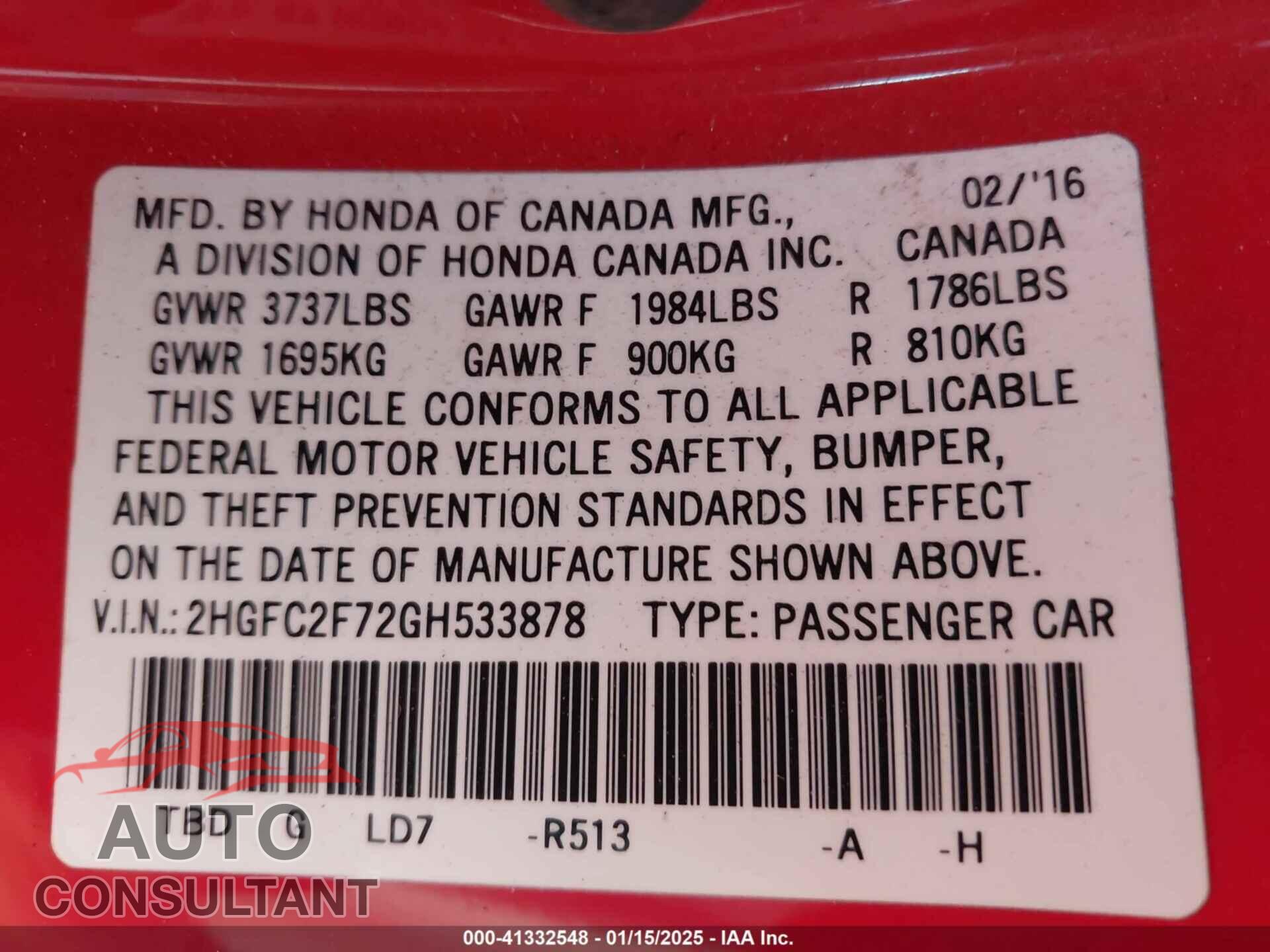 HONDA CIVIC 2016 - 2HGFC2F72GH533878