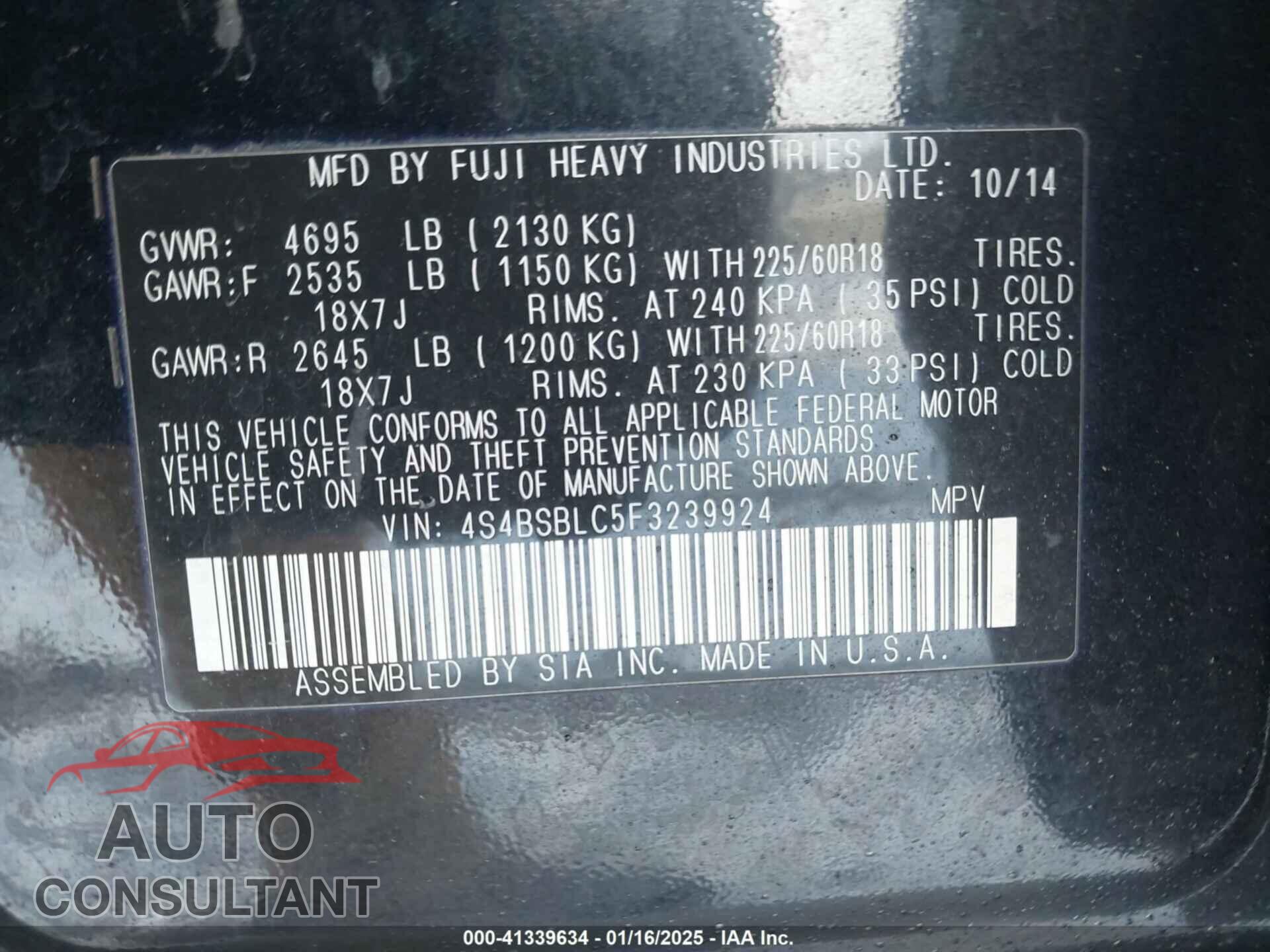 SUBARU OUTBACK 2015 - 4S4BSBLC5F3239924