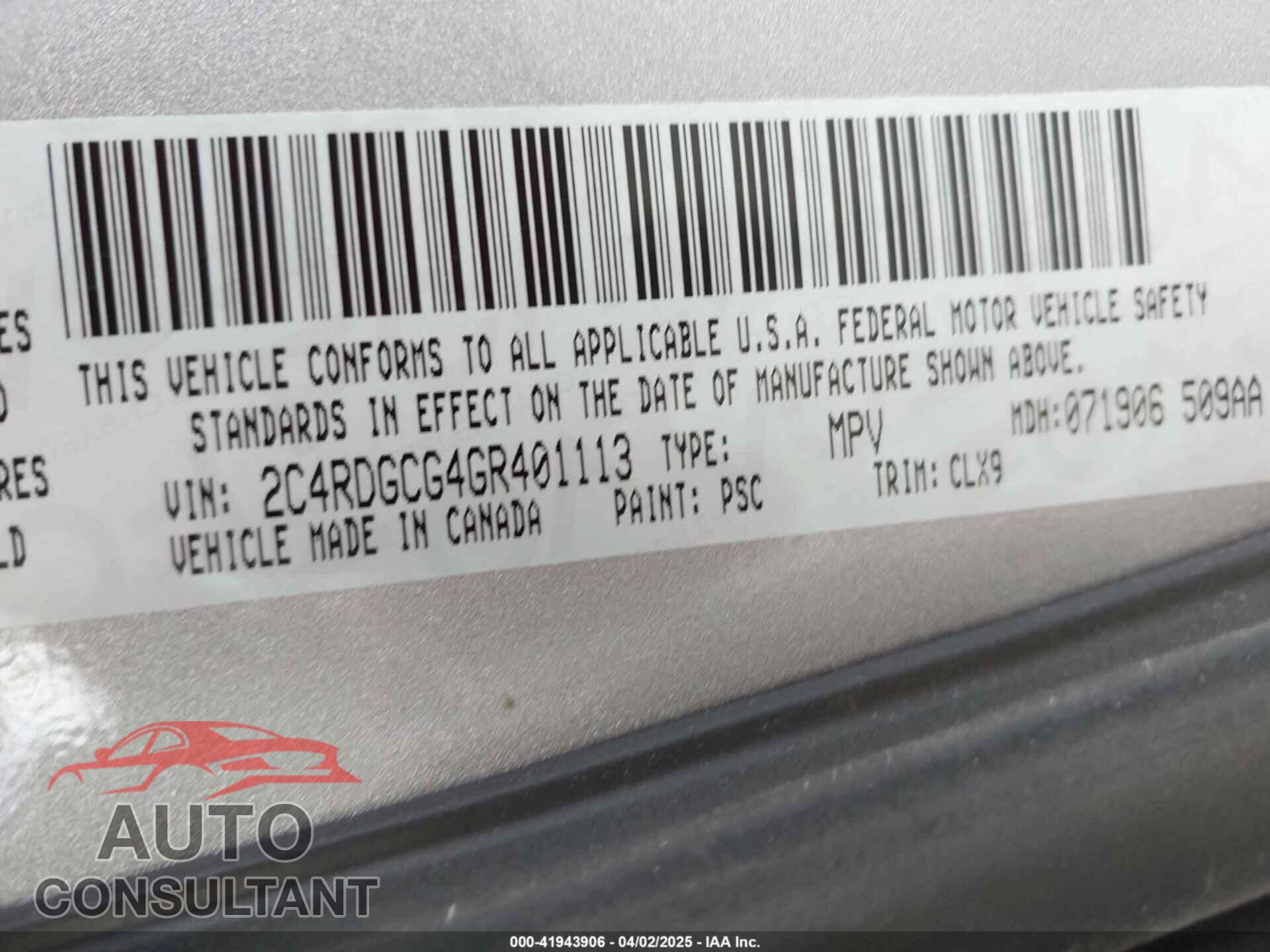 DODGE GRAND CARAVAN 2016 - 2C4RDGCG4GR401113