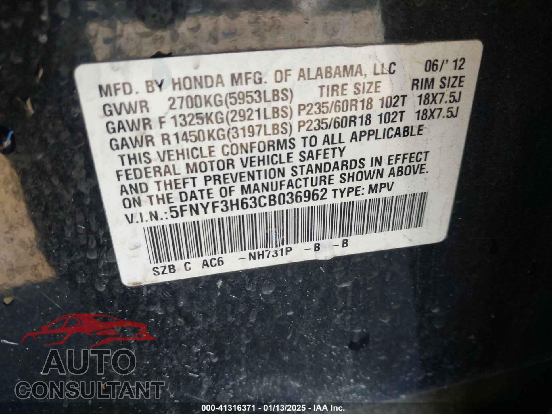 HONDA PILOT 2012 - 5FNYF3H63CB036962