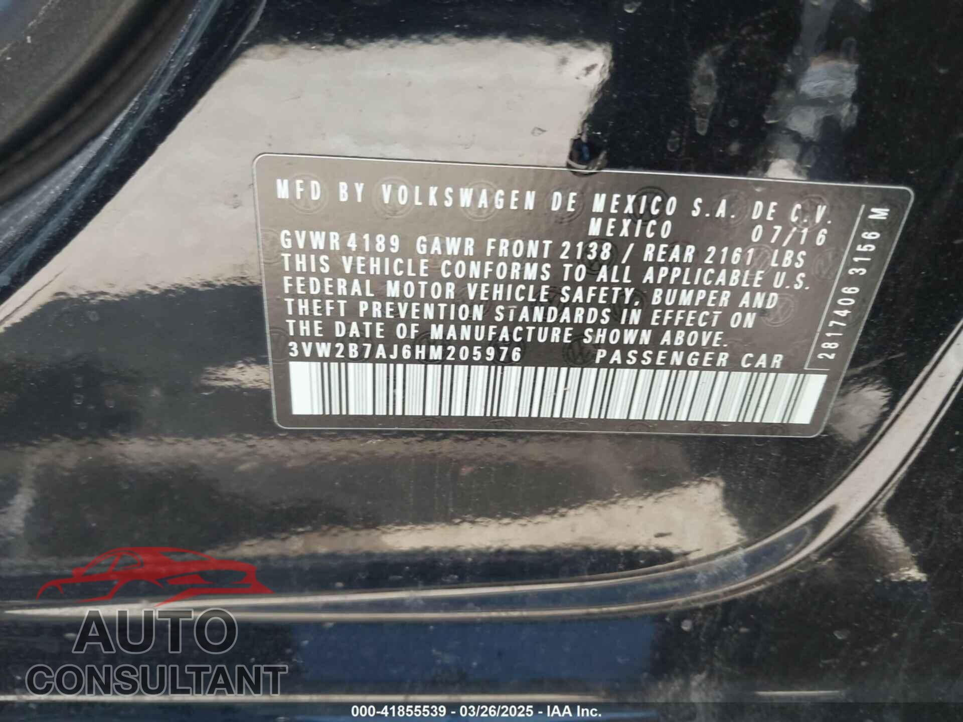VOLKSWAGEN JETTA 2017 - 3VW2B7AJ6HM205976
