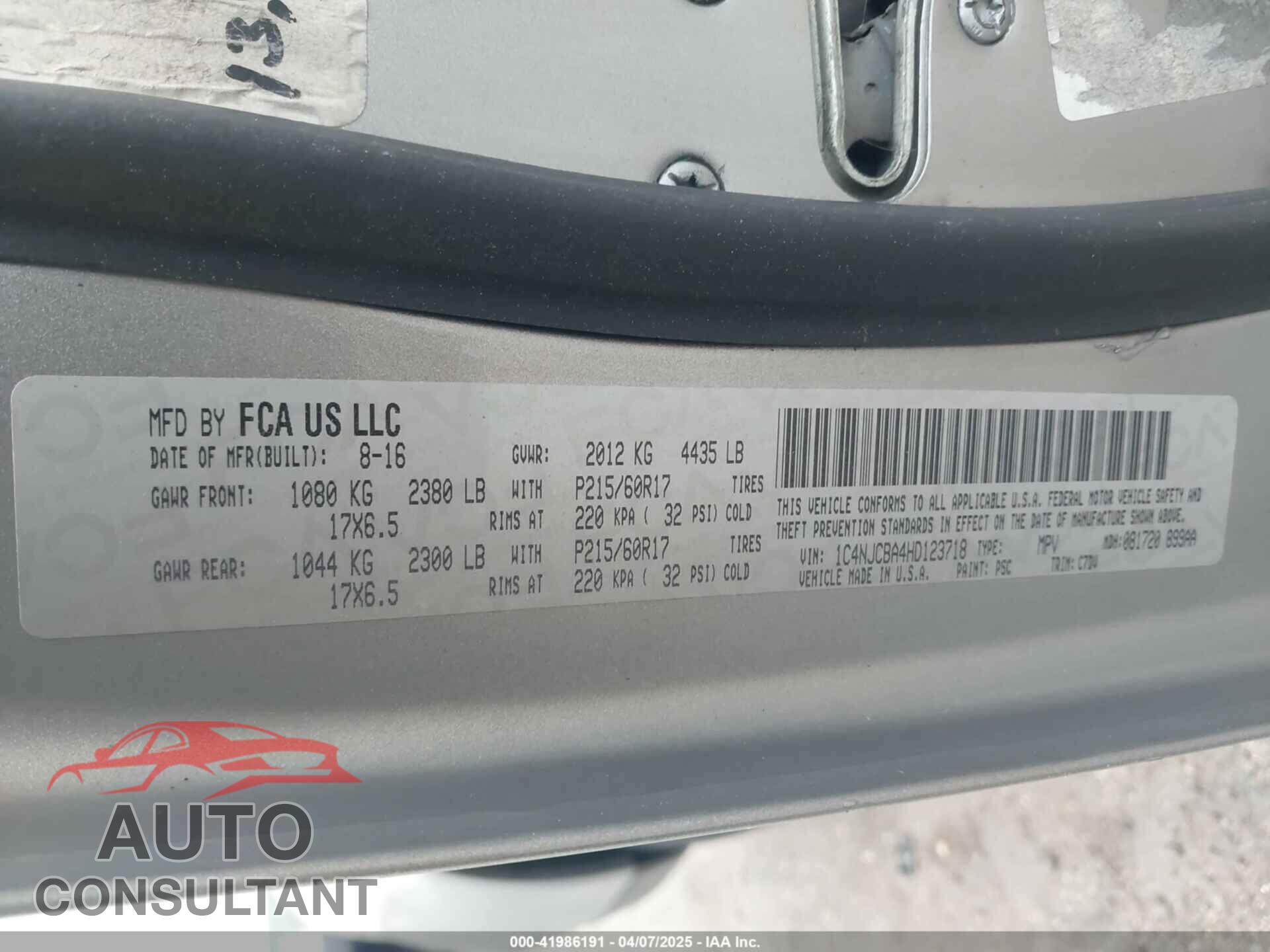 JEEP COMPASS 2017 - 1C4NJCBA4HD123718
