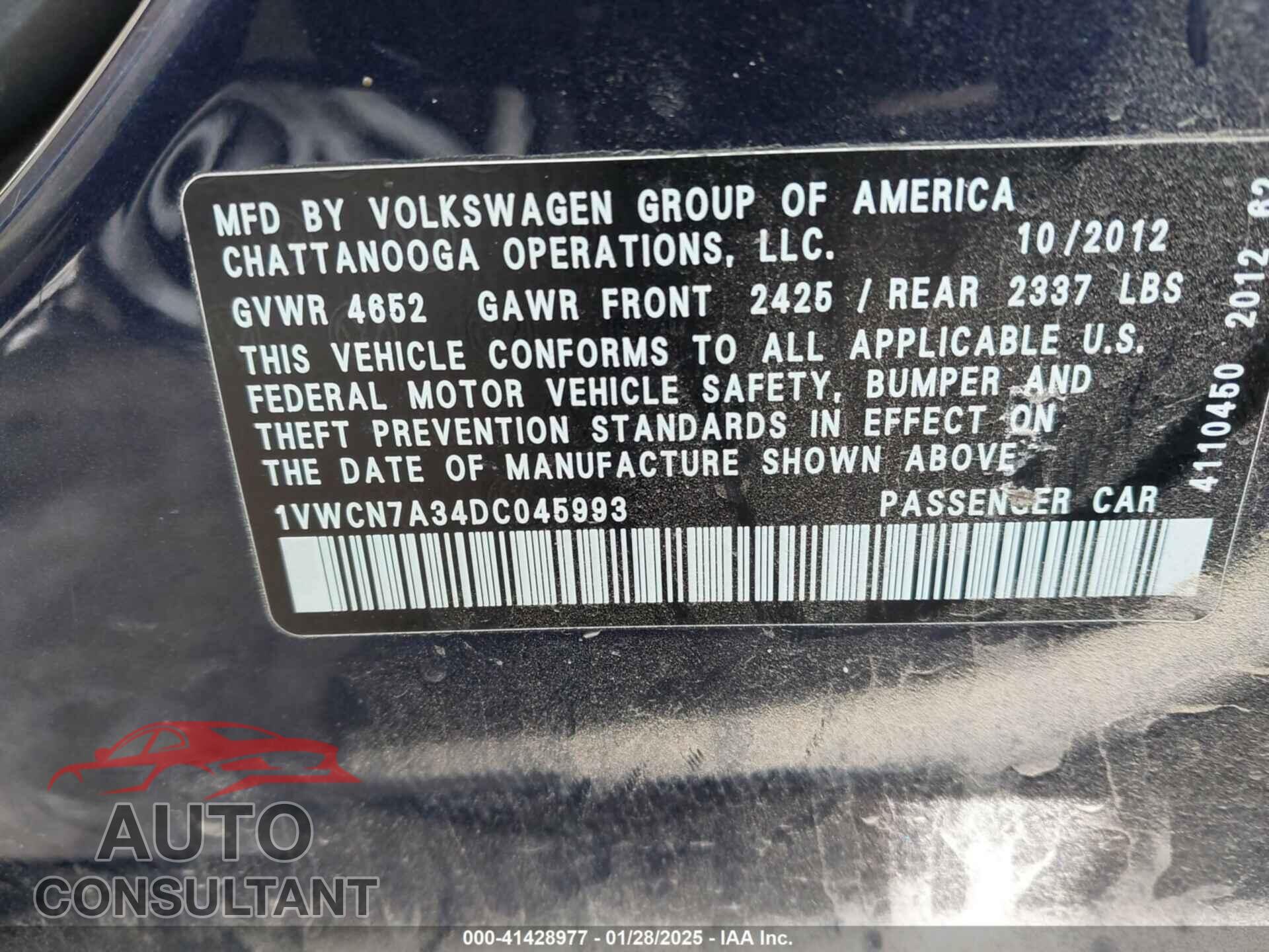 VOLKSWAGEN PASSAT 2013 - 1VWCN7A34DC045993
