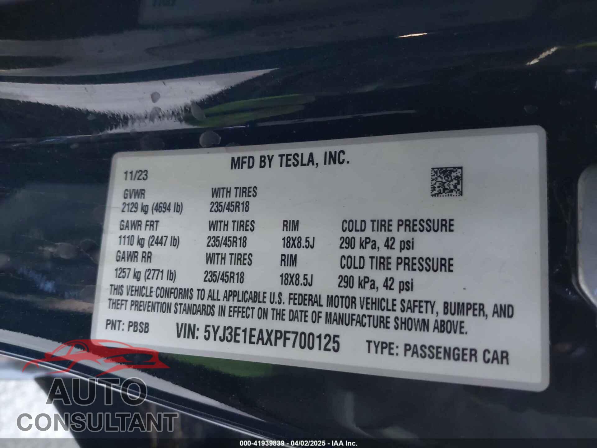 TESLA MODEL 3 2023 - 5YJ3E1EAXPF700125