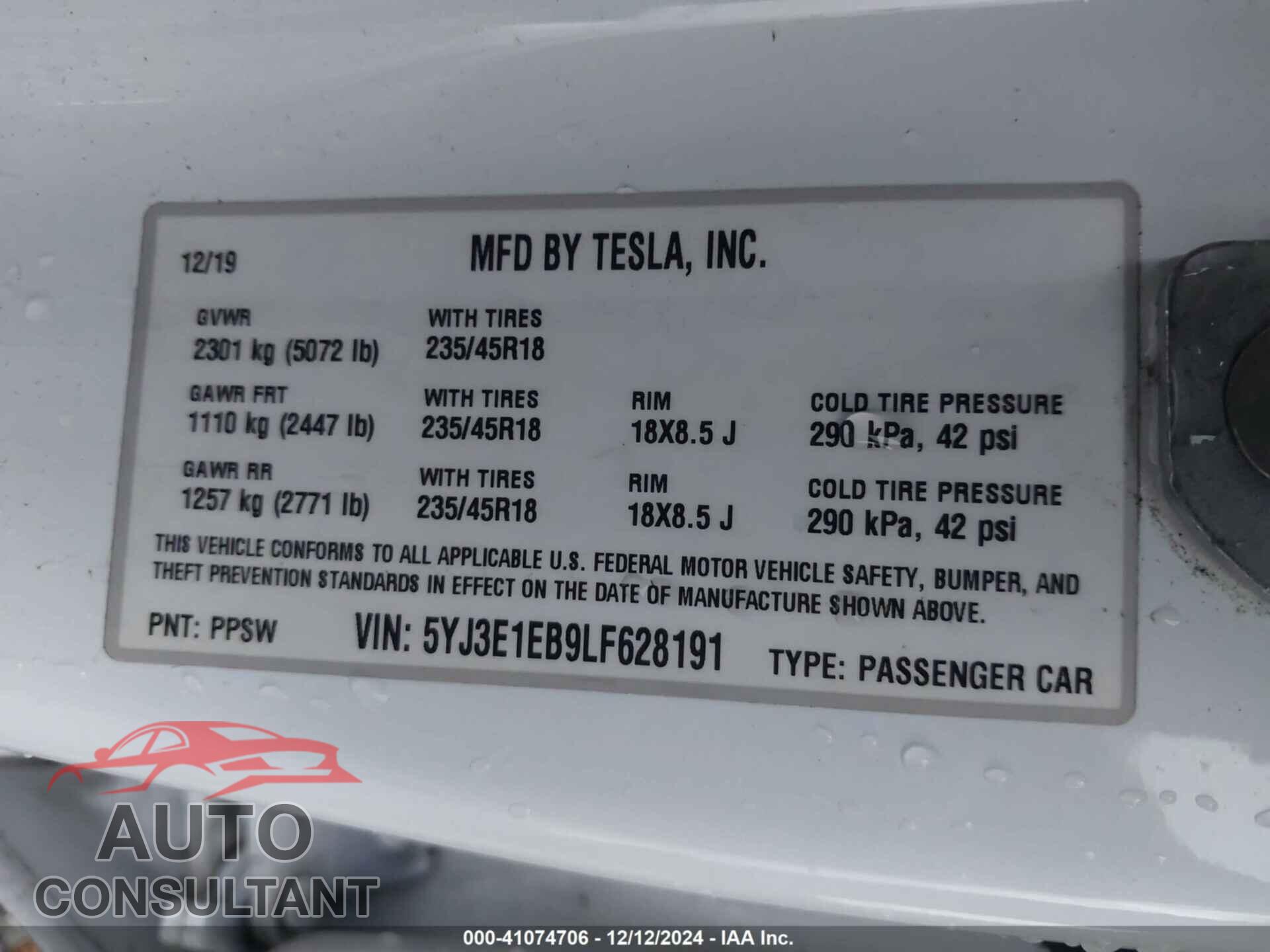 TESLA MODEL 3 2020 - 5YJ3E1EB9LF628191