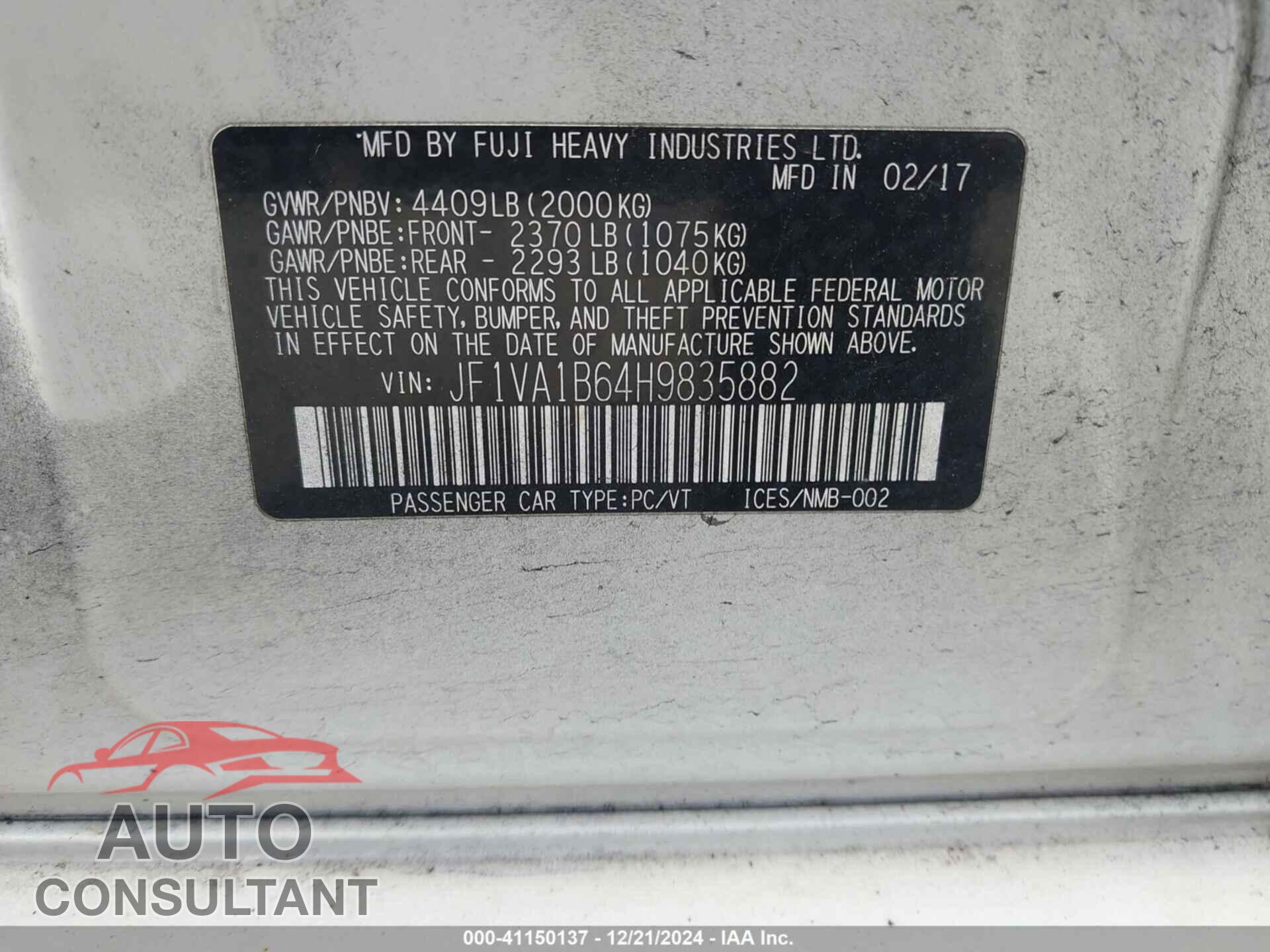 SUBARU WRX 2017 - JF1VA1B64H9835882