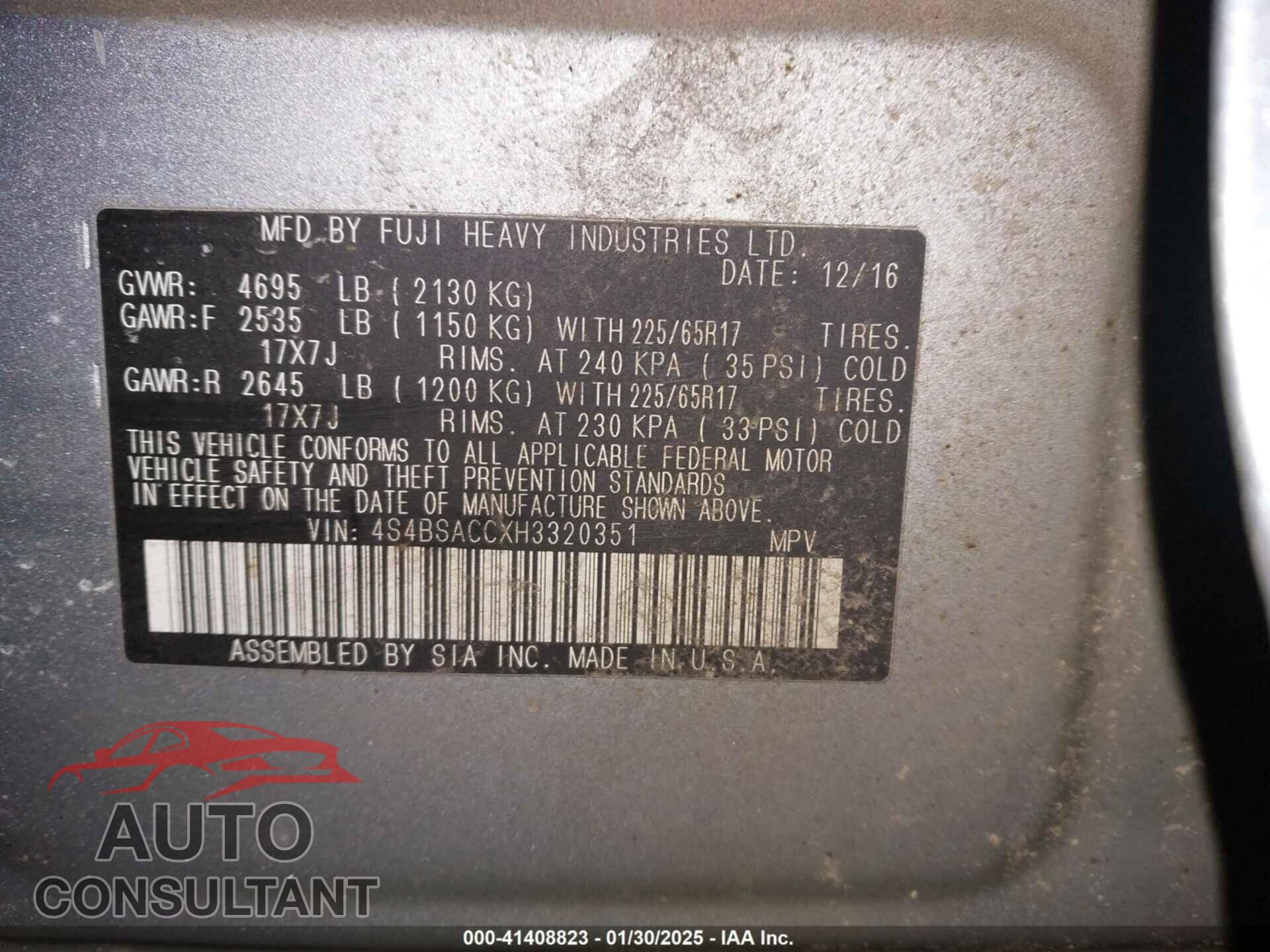 SUBARU OUTBACK 2017 - 4S4BSACCXH3320351
