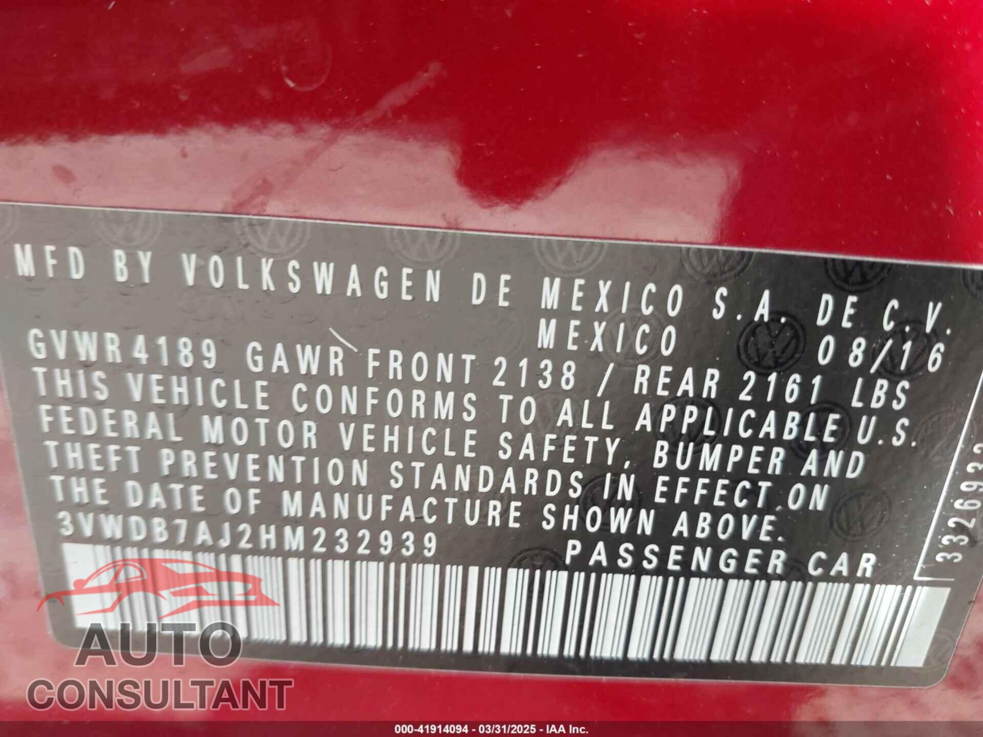 VOLKSWAGEN JETTA 2017 - 3VWDB7AJ2HM232939
